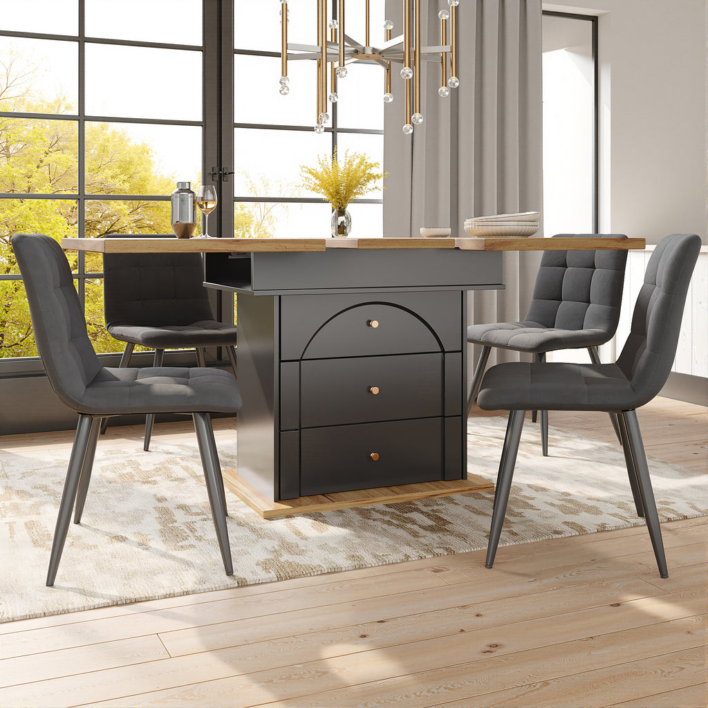 Telescopic dining table (110-140×80 cm), foldable kitchen table for 4-6 people, extendable dining table, space-saving kitchen table, for kitchen and living room, minimalist cabinet door design, black