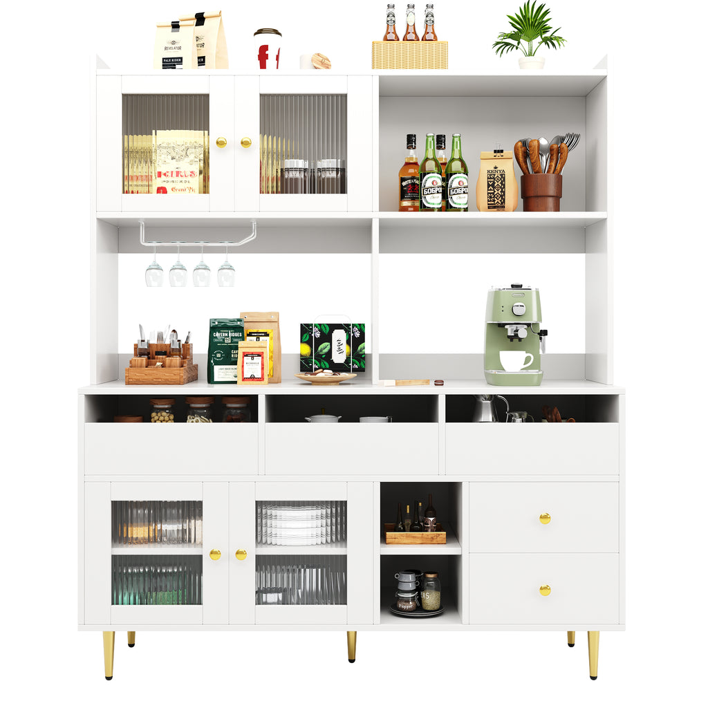 Multi-purpose Storage Cabinet(145 x 39 x 171 cm), Modern design, with Changhong glass door, Wine glass holder, Multi-layered storage space, White with gold decoration, Suitable for home and restaurant