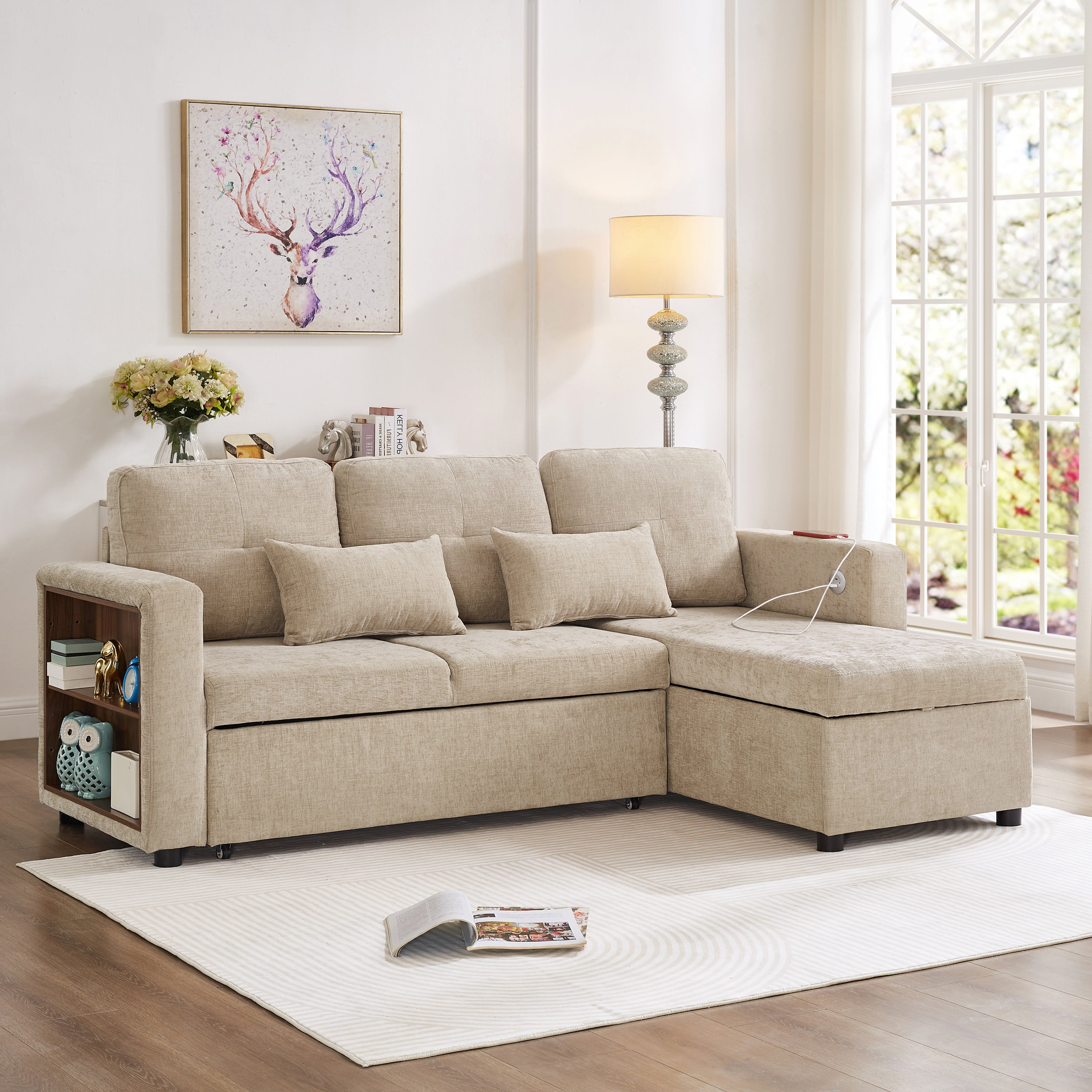 3-in-1 Convertible Chenille Sectional Sofa Bed with Reversible Storage Chaise, L-Shaped Sleeper Sofa with Integrated Charging Station and Adjustable Armrest Side Storage, USB & Type-C Ports, Beige