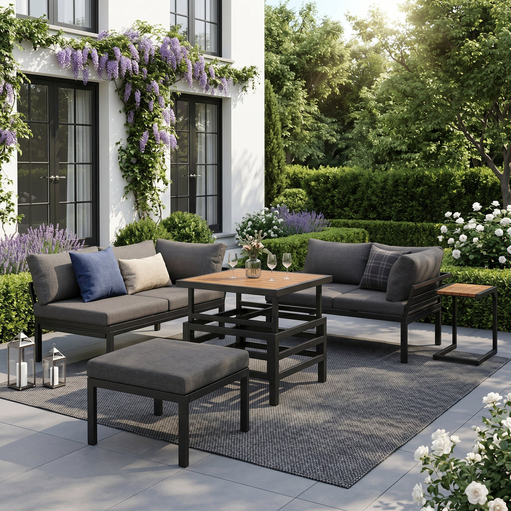 Outdoor Patio Furniture Set (2 Double Sofas + 1 Ottoman), 1 Plastic Lift-Top Coffee Table, Galvanized Iron Frame, with Seat Cushions & Pillows, Includes Small Side Table with Extendable Tabletop