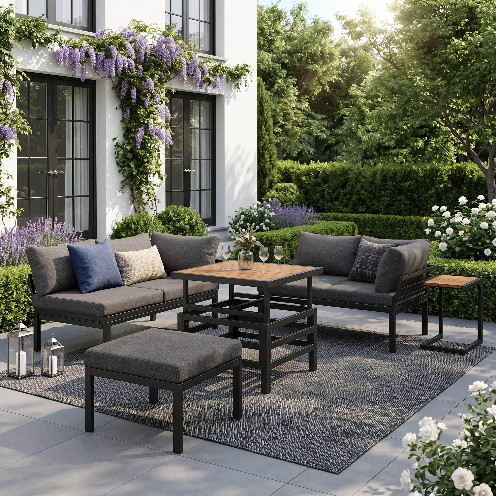 Outdoor Patio Furniture Set (2 Double Sofas + 1 Ottoman), 1 Plastic Lift-Top Coffee Table, Galvanized Iron Frame, with Seat Cushions & Pillows, Includes Small Side Table with Extendable Tabletop