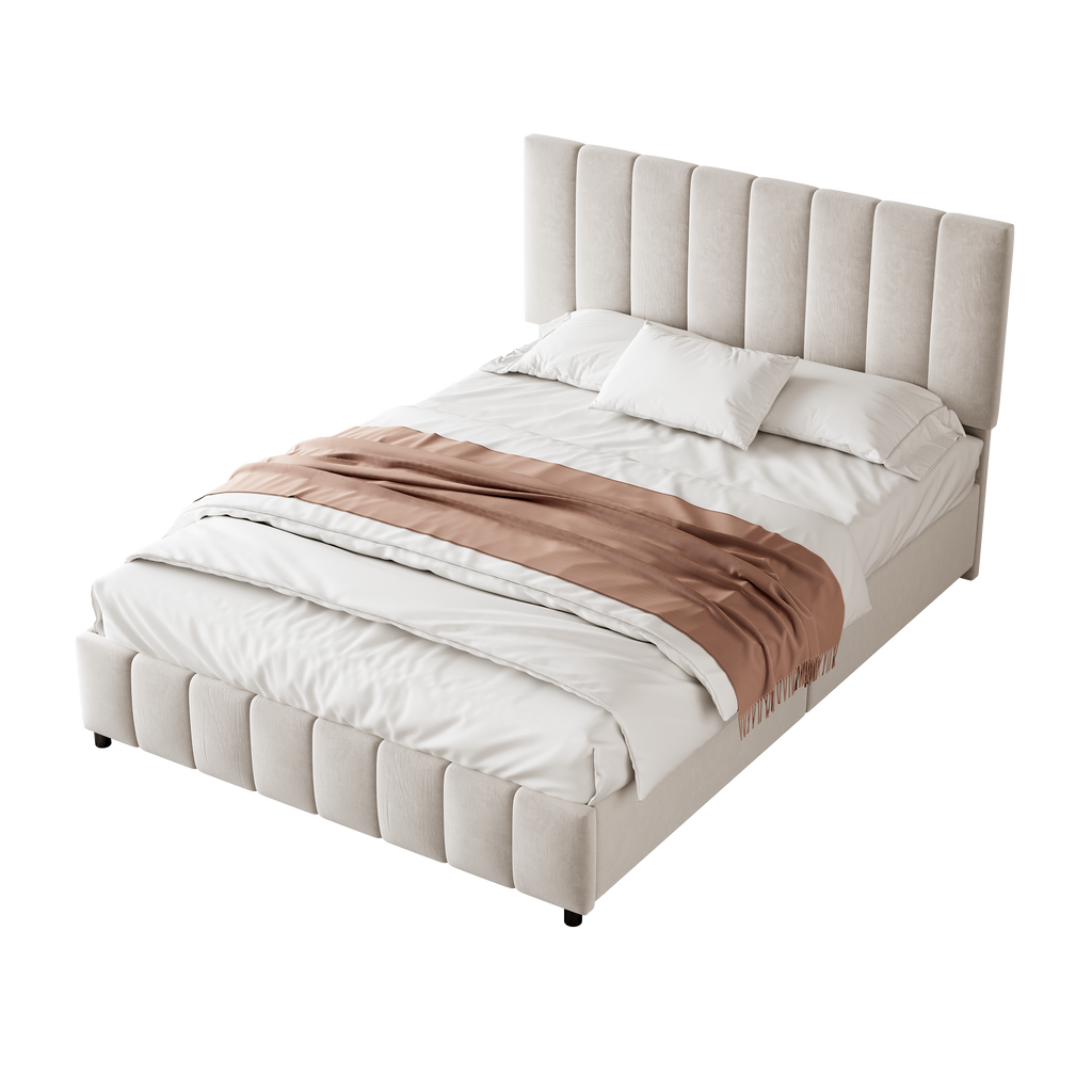4ft6 Double Upholstered Bed with 4 Storage Drawers, Velvet Platform Bed Frame with Adjustable Channel Tufted Headboard, Metal-Wood Support, No Box Spring Needed, Easy Assembly, Beige (No Mattress)