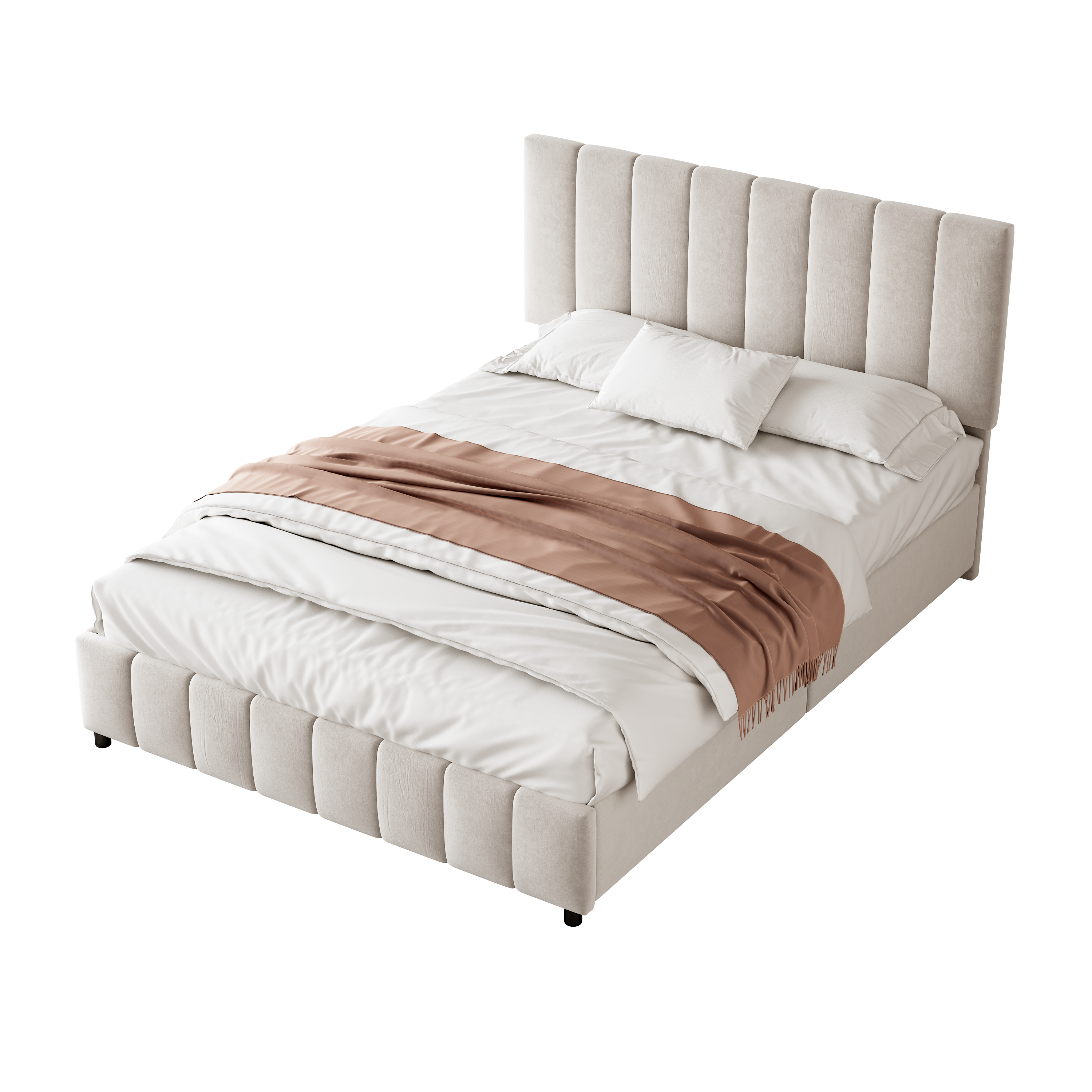 4ft6 Double Upholstered Bed with 4 Storage Drawers, Velvet Platform Bed Frame with Adjustable Channel Tufted Headboard, Metal-Wood Support, No Box Spring Needed, Easy Assembly, Beige (No Mattress)