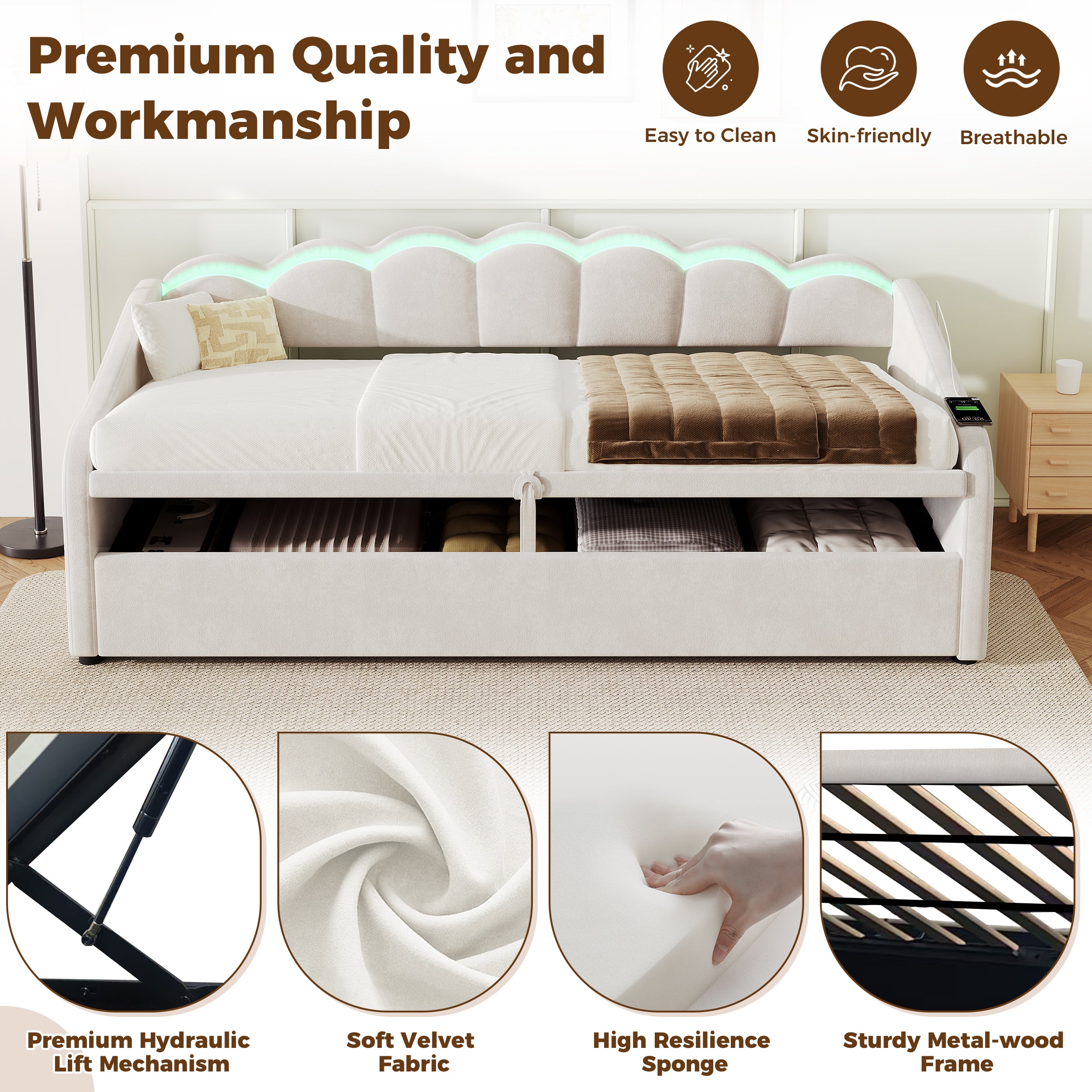 Upholstered Bed 90x190cm, Daybed, RGB LED Sofa Bed with Charging Station, 3ft Petal Shape Single Bed with Hydraulic Storage for Living Room/ Bedroom/ Study Room, Velvet, Beige (No Mattress)