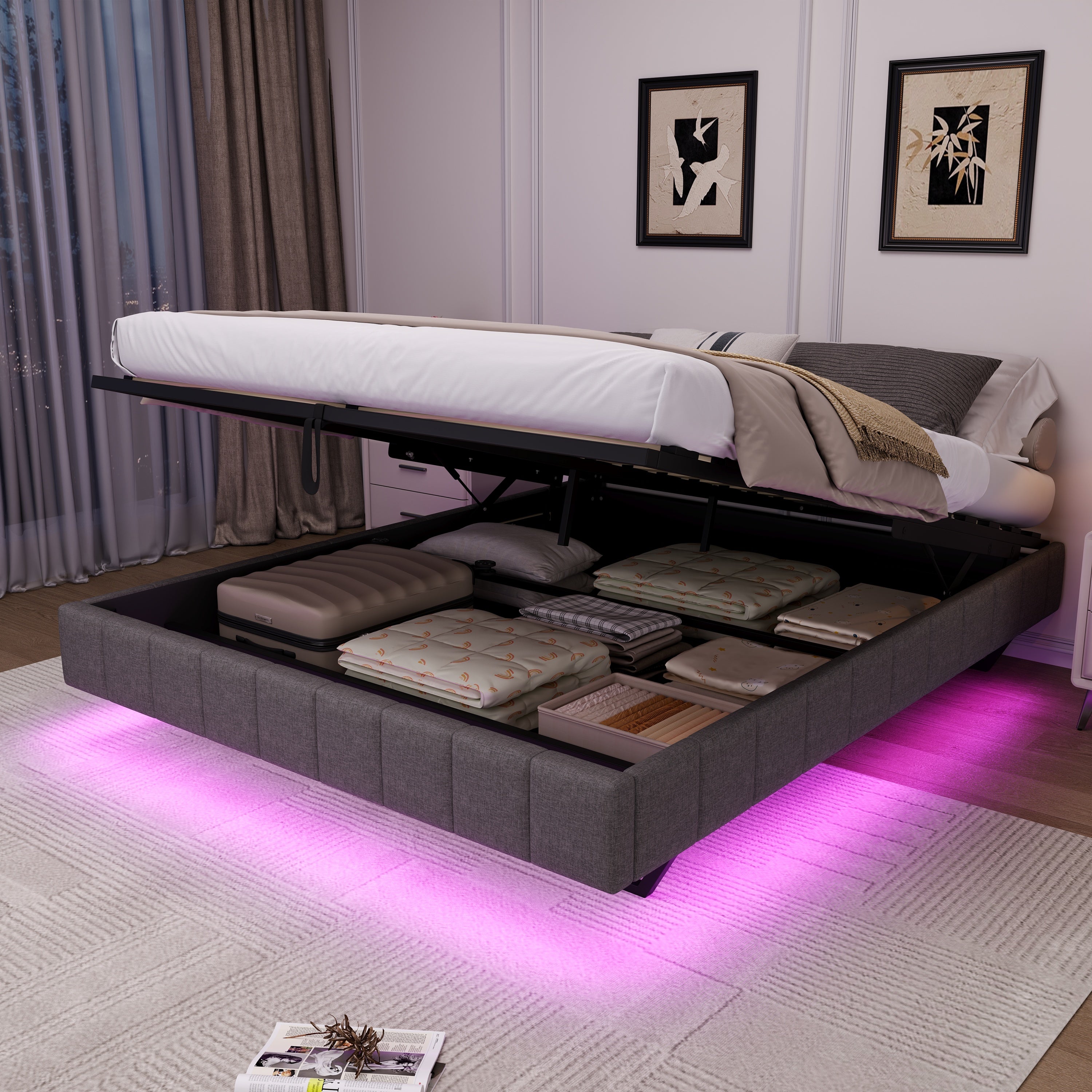 4ft6 Double Floating Bed Frame with Hydraulic Under-bed Storage & Smart RGB LED Lights, No Headboard Upholstered Bed with Concealed Anti-Collision Leg, Linen Fabric, Grey (No Mattress)