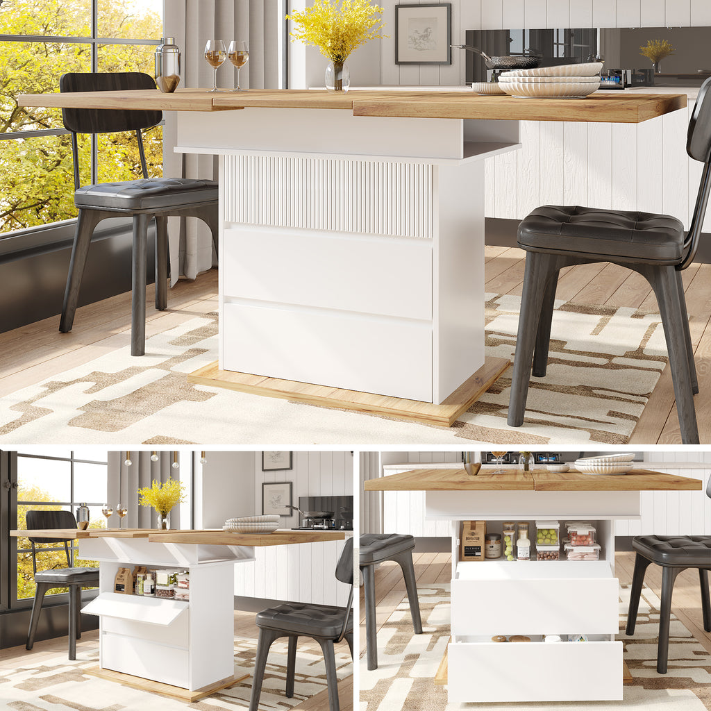 Telescopic dining table (110-140 x 80 cm), foldable kitchen table for 4-6 people, extendable dining table, space-saving kitchen table, for kitchen and living room, dining table with three shelves