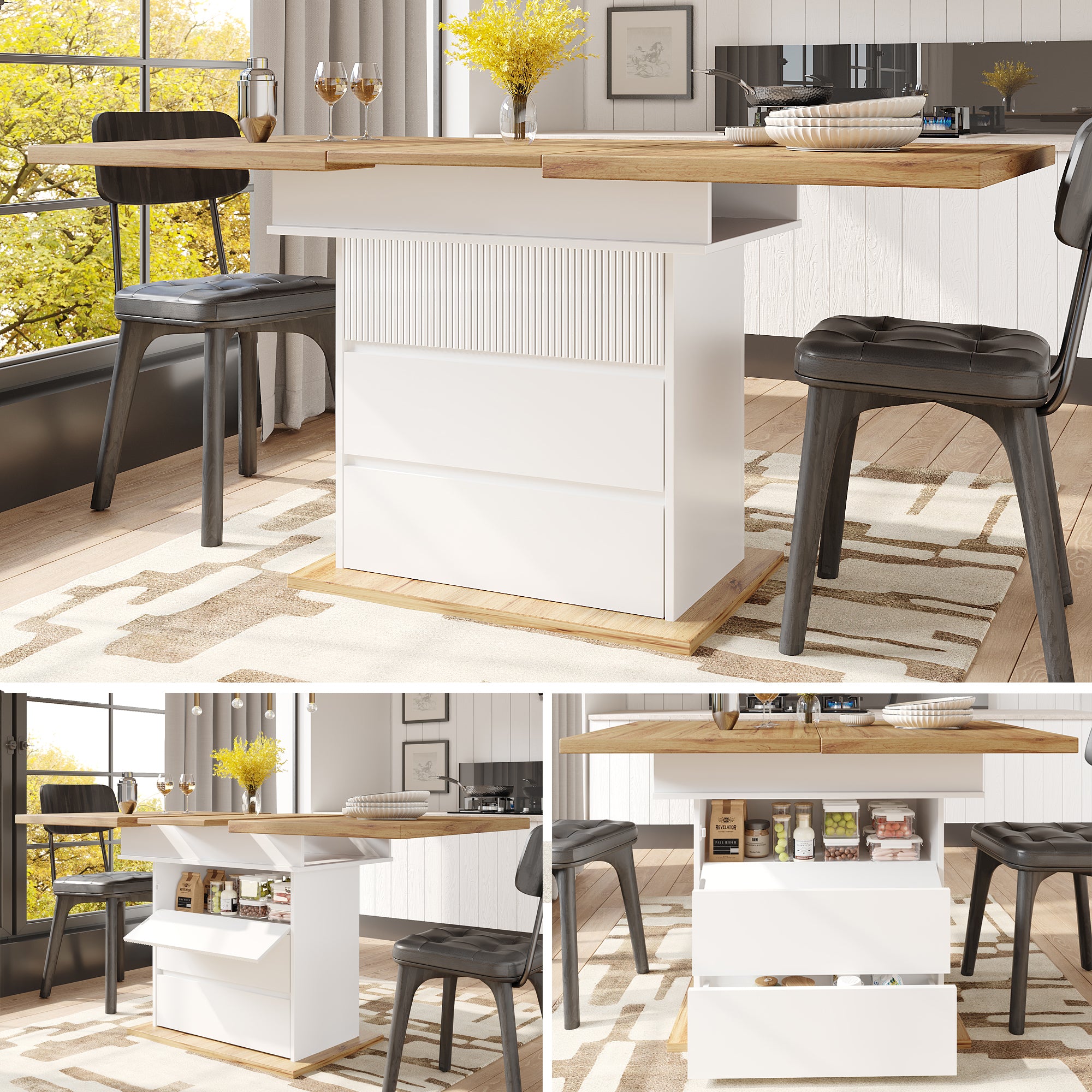 Telescopic dining table (110-140 x 80 cm), foldable kitchen table for 4-6 people, extendable dining table, space-saving kitchen table, for kitchen and living room, dining table with three shelves