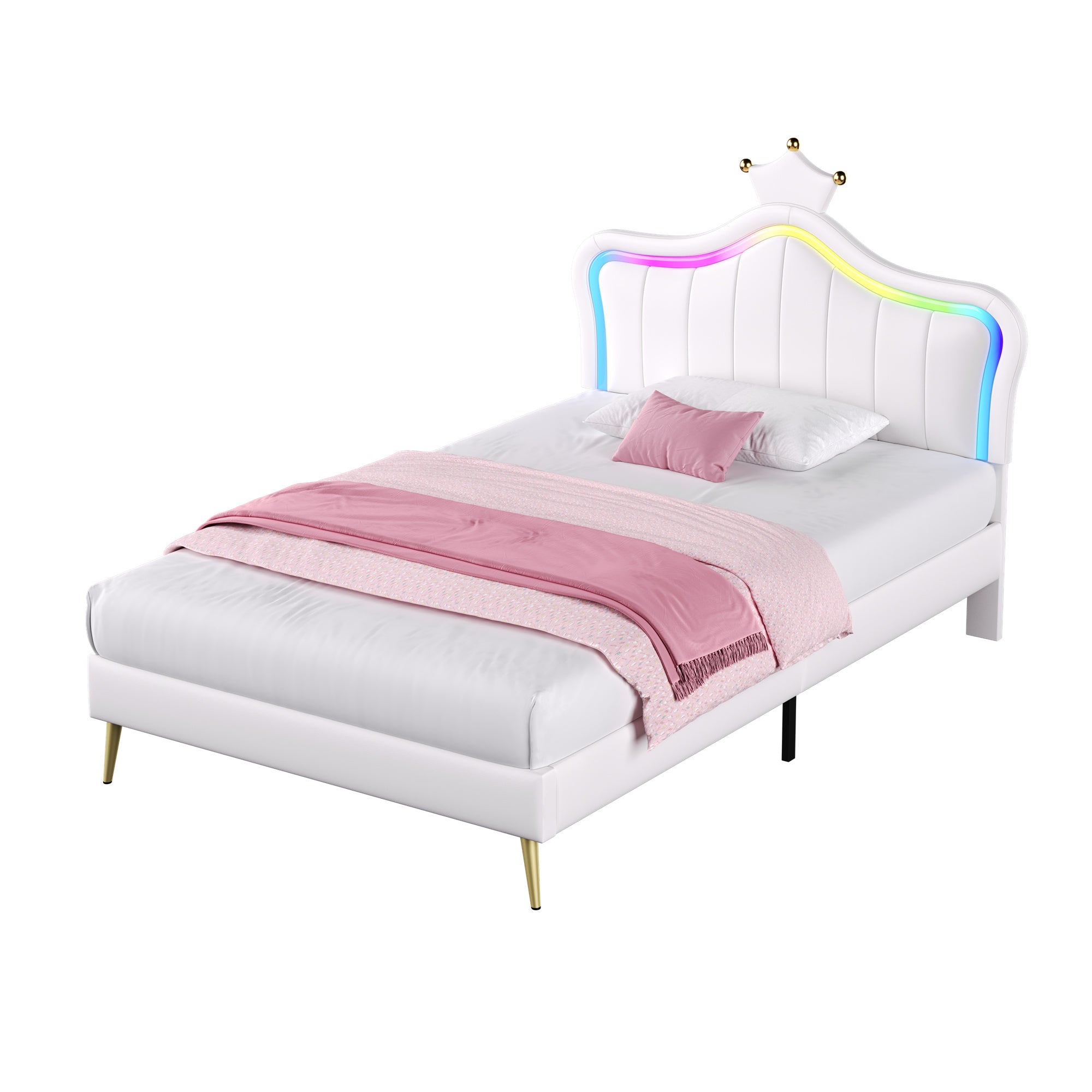 3ft Single Upholstered Bed with LED Adjustable Crown Shape Headboard, PU Leather Bed Frame with Solid Wood Slat, No Box Spring Needed, Easy Assembly, Cream White (No Mattress)