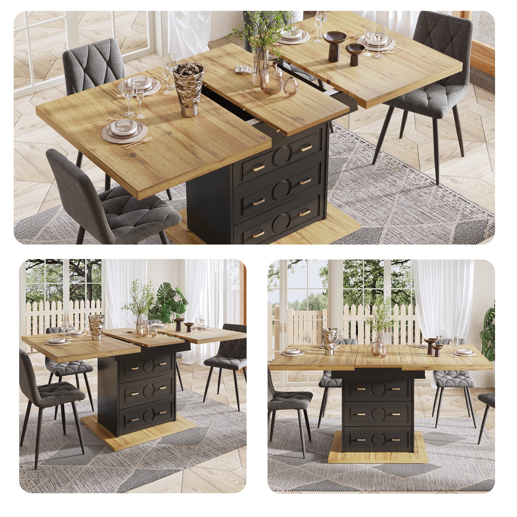 Extendable dining table - wooden table 110-140 x 80 x 75 cm - For kitchen, dining room, terrace - 6 person table with extendable top & wood grain