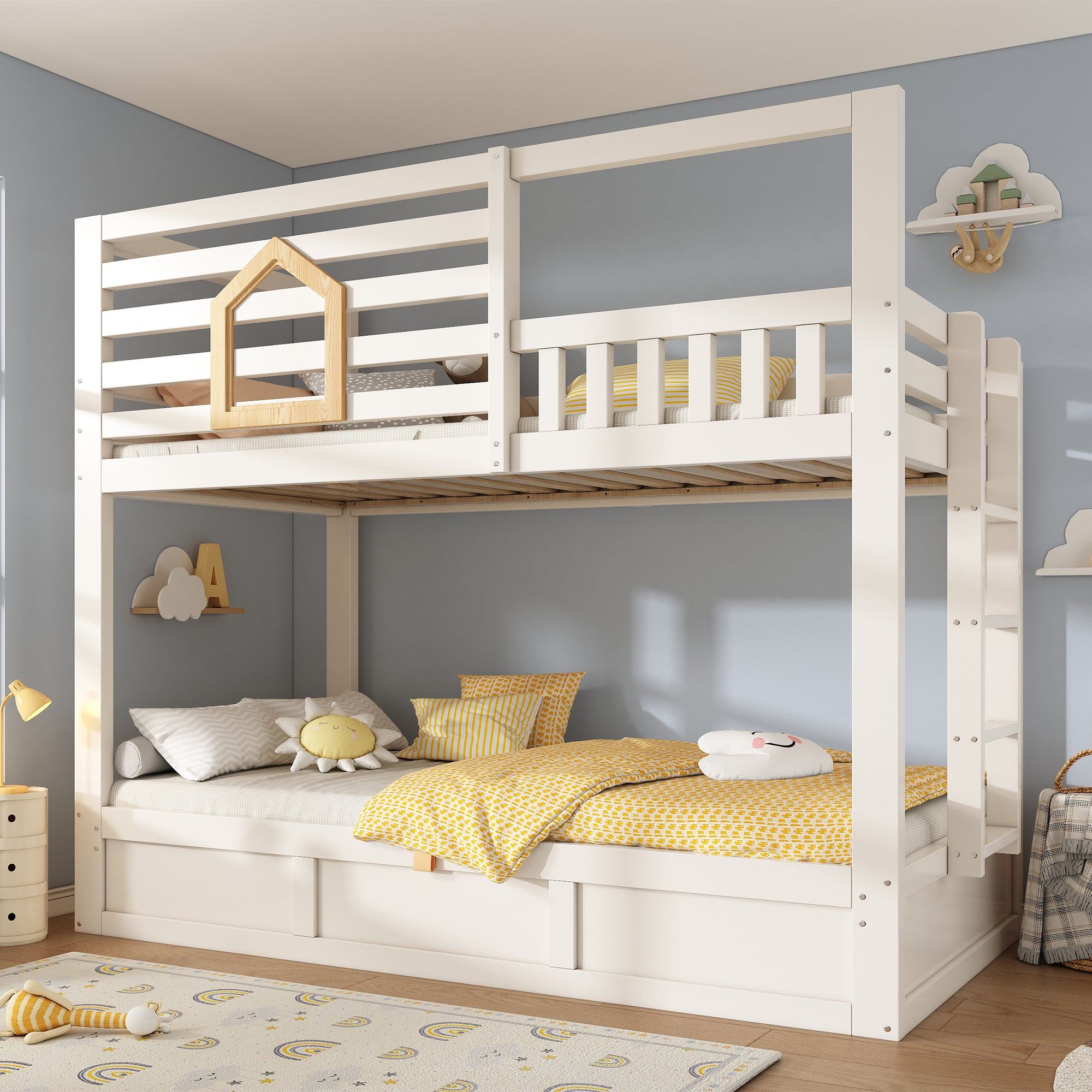 Bunk Beds for Kids with Ladder, Wooden Cabin Bed Hydraulic Storage, Children's House Bed, Twin Sleeper (90+90) x 190 cm, Solid Wood, White