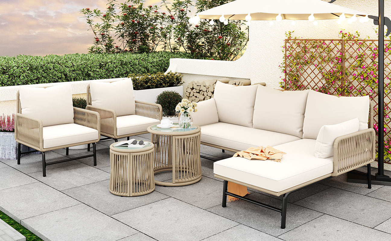 Garden lounge sofa set, outdoor furniture set, iron frame and beige rope weave, beige, two armchairs, two two-seater sofa and two round tables (all cushions included)