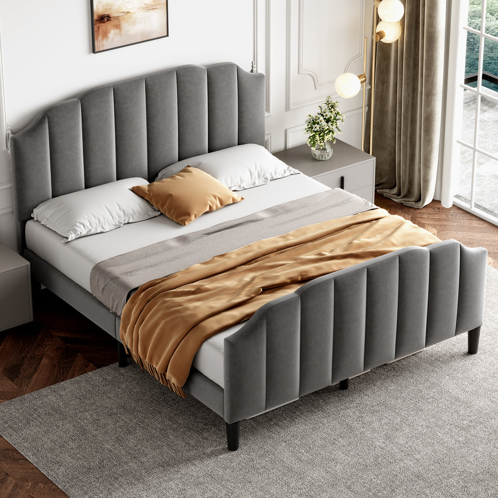 4ft6 Double Upholstered Bed Frame with Adjustable Chic Channel-Tufted Headboard, Velvet Platform Bed Frame with Solid Wood Slat and Mute Foam, No Box Spring Needed, Easy Assembly, Grey (No Mattress)