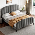 4ft6 Double Upholstered Bed Frame with Adjustable Chic Channel-Tufted Headboard, Velvet Platform Bed Frame with Solid Wood Slat and Mute Foam, No Box Spring Needed, Easy Assembly, Grey (No Mattress)