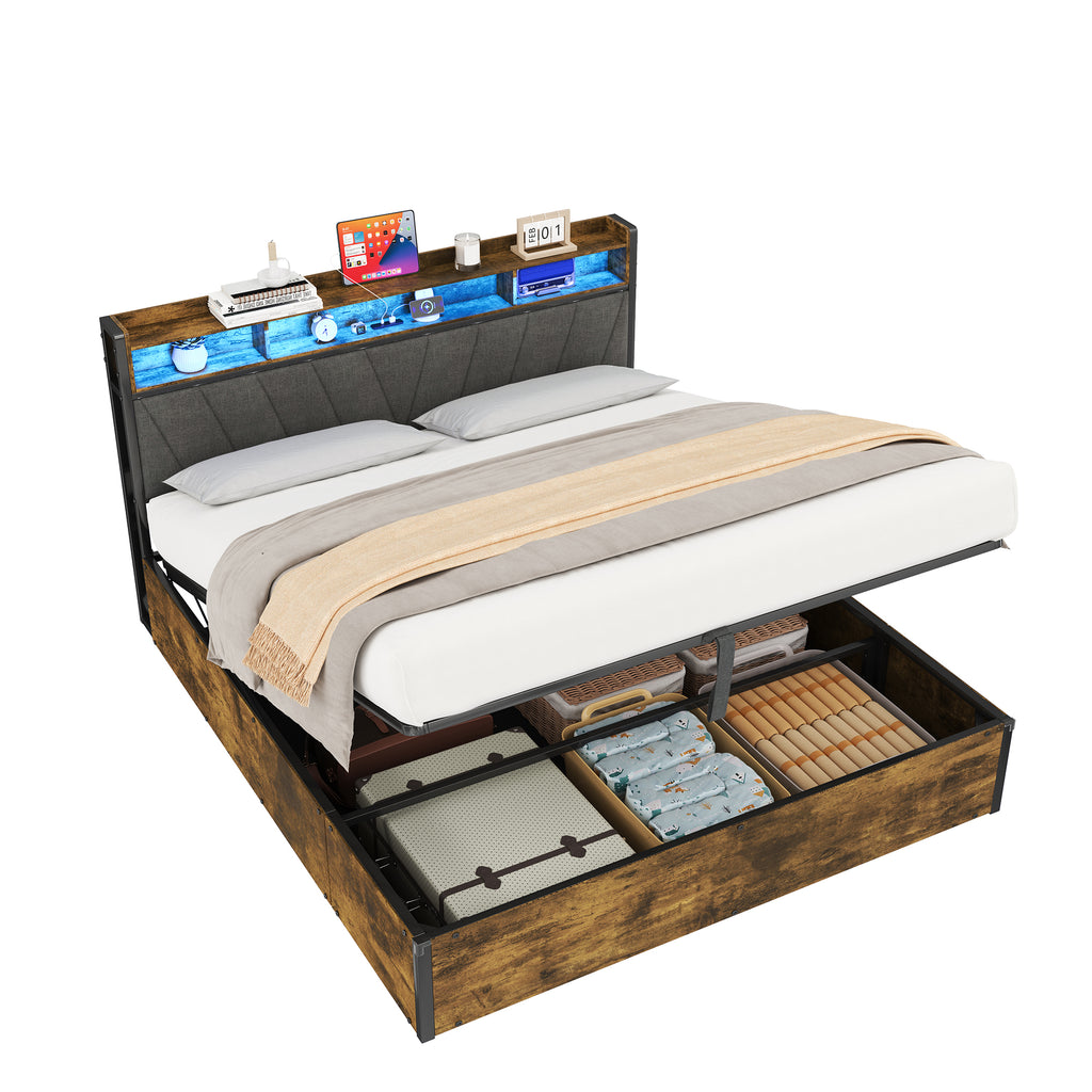 5ft King Bed Frame with Hydraulic Storage, RGB LED Storage Headboard with Charging Station, USB and Type-C Ports, No Box Spring Needed, Easy Assembly, Black+Walnut (No Mattress)