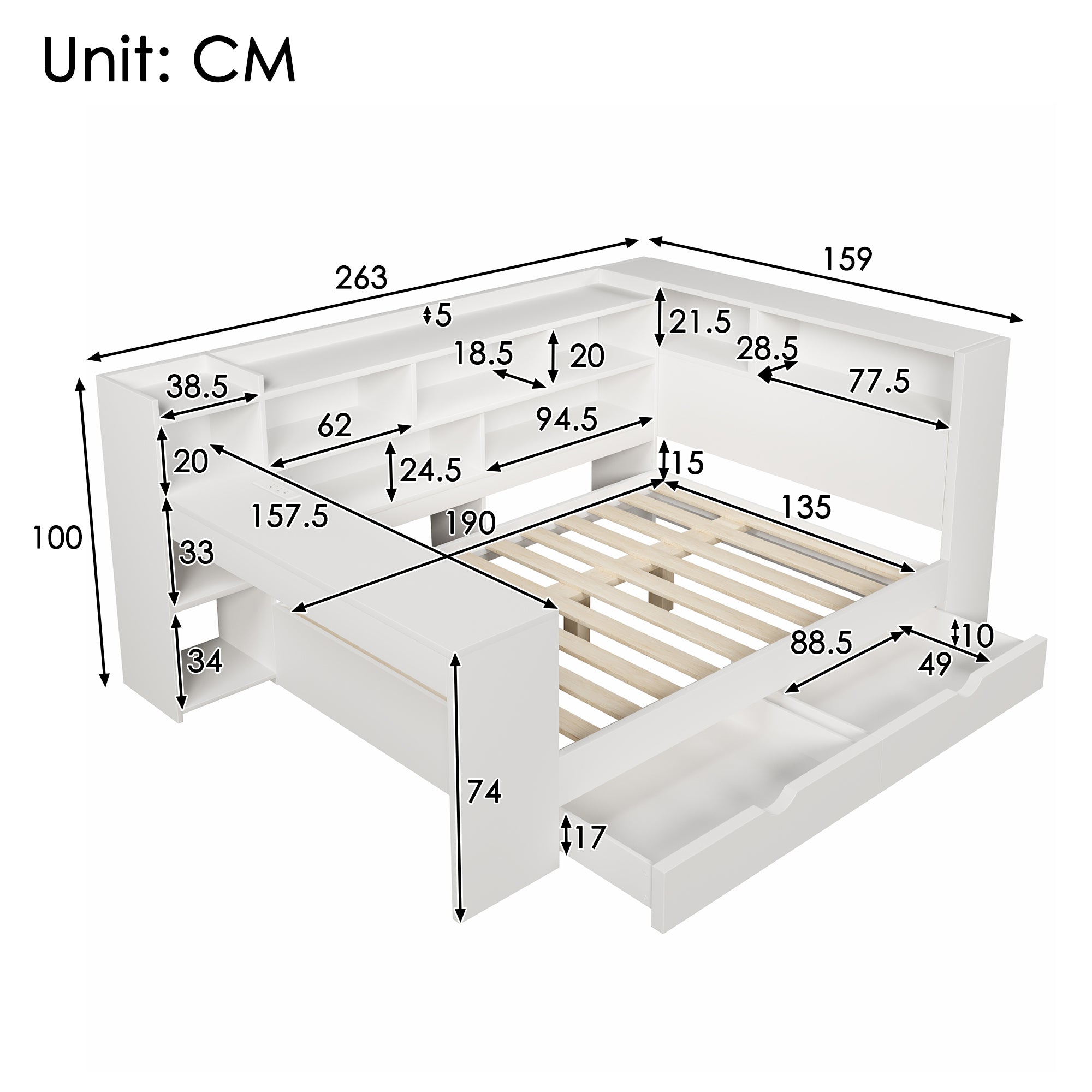 Double Daybed with Bookcase & Computer Desk, 4ft6 Sofa Bed with Storage, Drawers & USB Type-C Port, 135 x 190 cm Multi-functional Wooden Bed Frame for Living Room/ Bedroom, White (No Mattress)