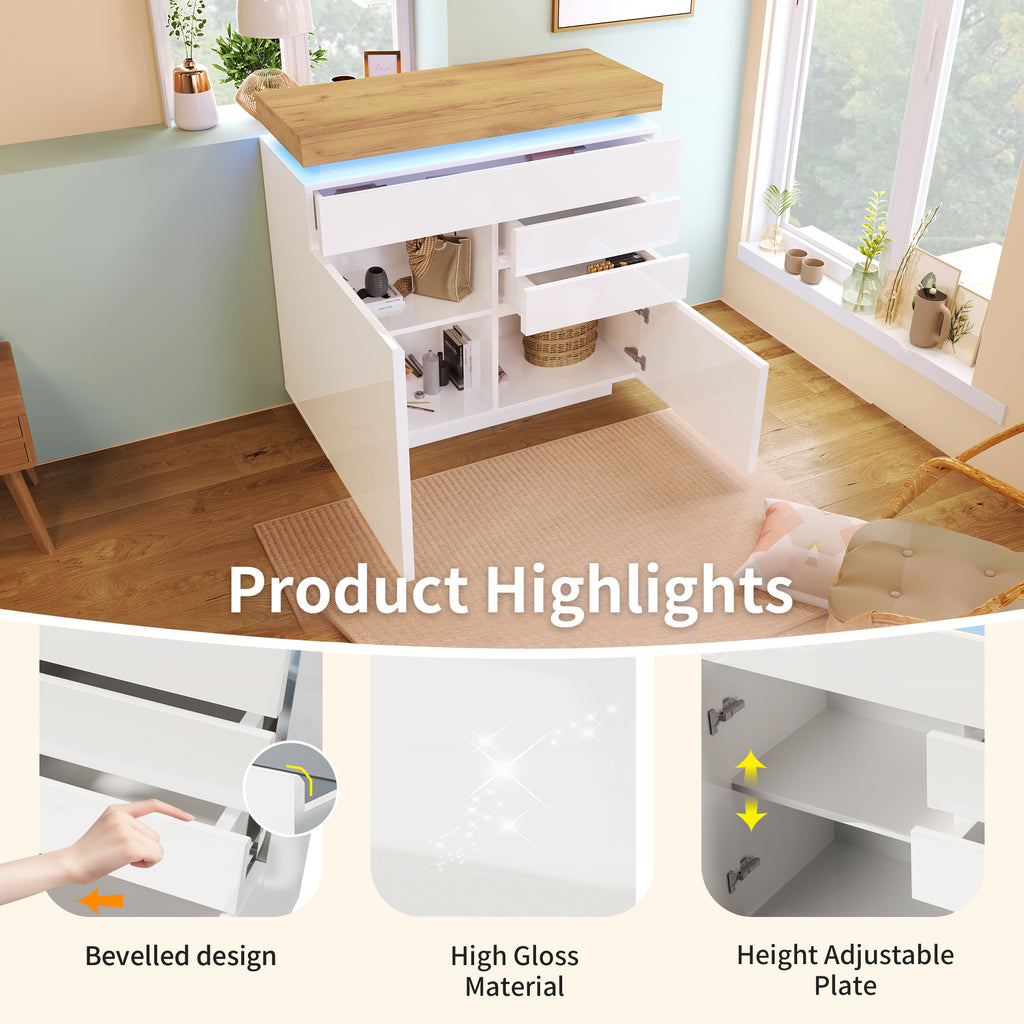 Chest of Drawers,High-gloss Sideboard Cabinet with 2 Doors and 3 Drawers,Storage with RGB LED(App-controlled),Multi-purpose Cabinet for Living Room and Bedroom, 115 x 110 x 39 cm, White