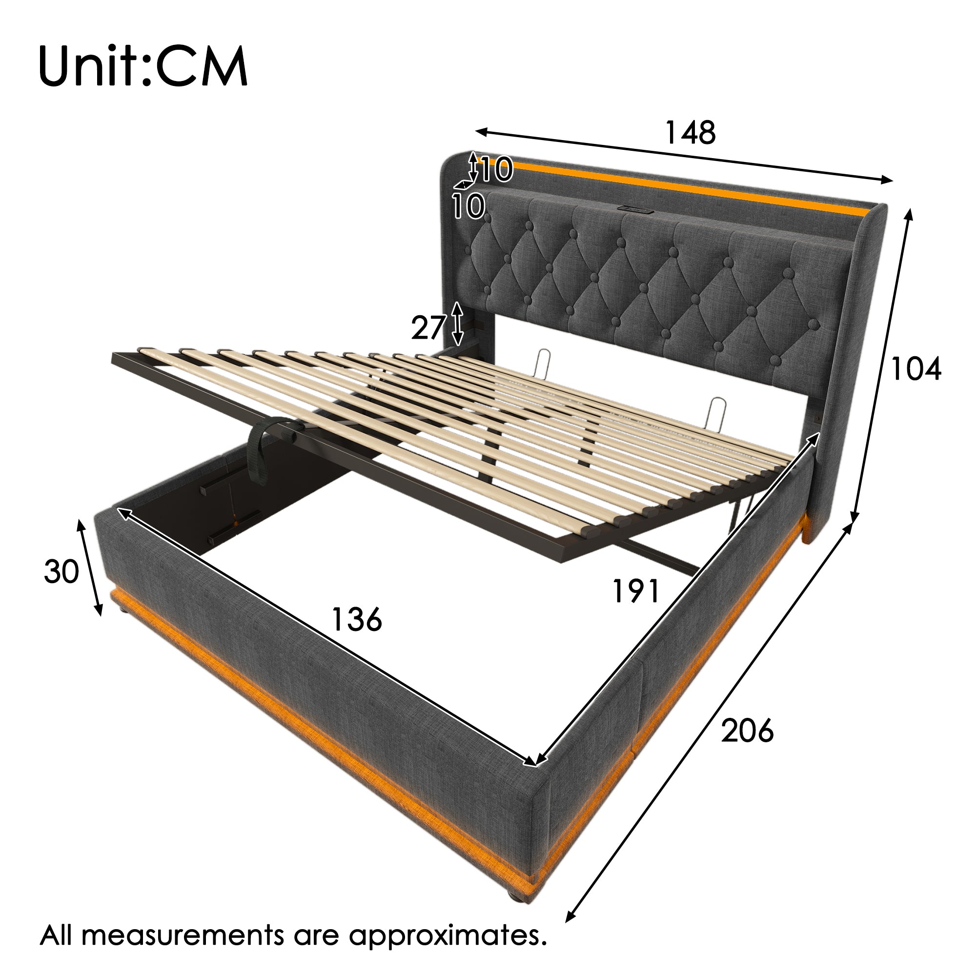 Upholstered Double Ottoman Bed with 360 Surround Led Function,Hydraulic Storage Bed Frame with Large Storage Space, 4ft6 Double Bed Frame with Charging Function,135 x190 ,Linen, Grey (No Mattress)