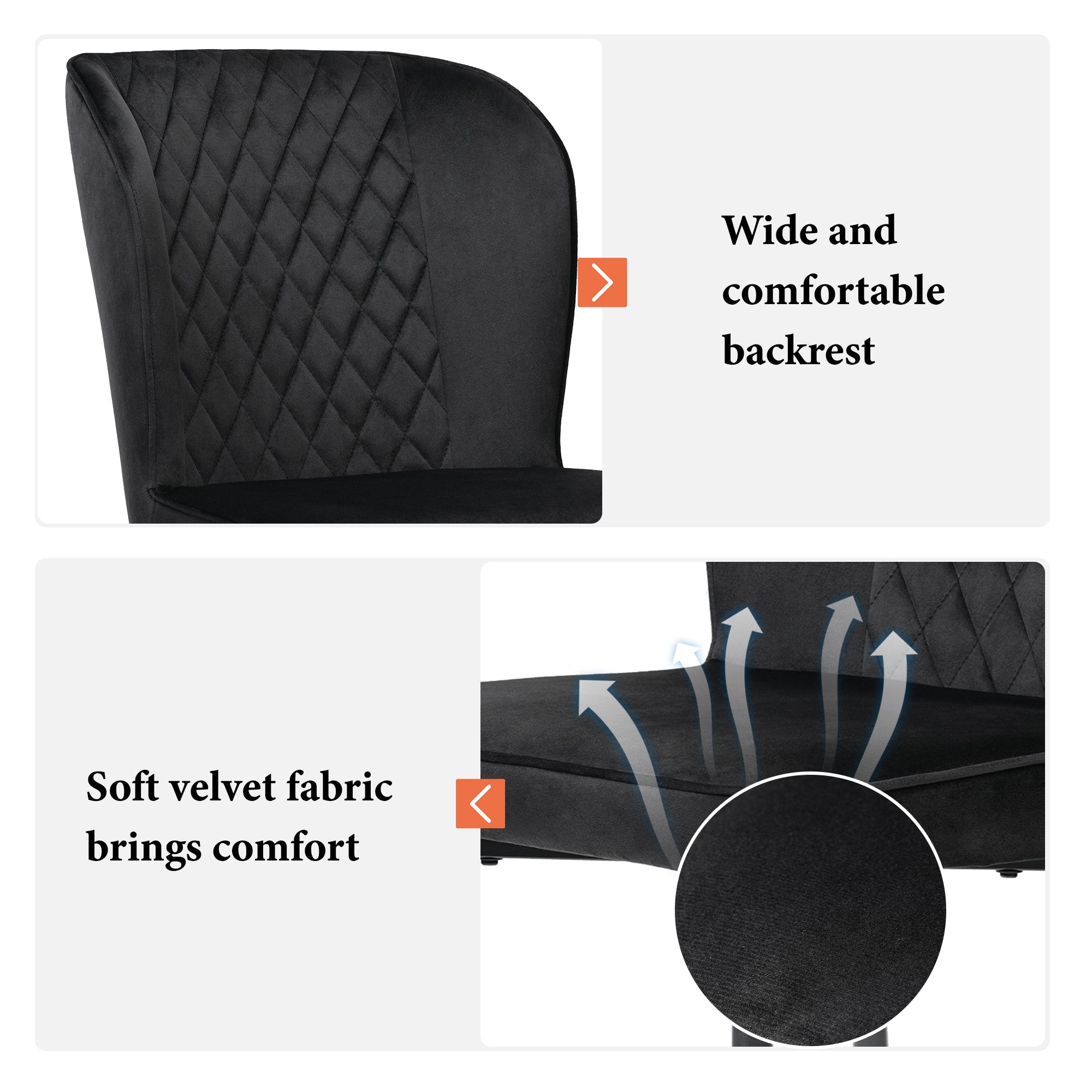Velvet  dining chair (2 pcs), black, Modern Vanity Chair Kitchen Accent Occasional Chair with Metal Legs for Dining Room Living Room,upholstered chair  with backrest,seat in velvet metal frame