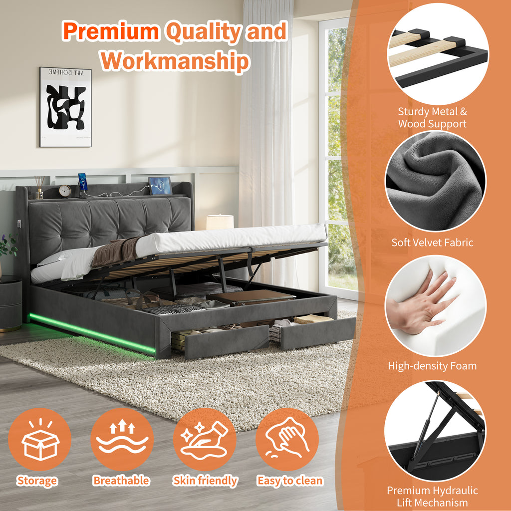 5ft King Upholstered Bed Frame with Hydraulic and Drawers Storage, Back Cushion Headboard with Charging Station,  Velvet Ottoman Hydraulic Bed with RGB LED Lighting, Grey (No Mattress)