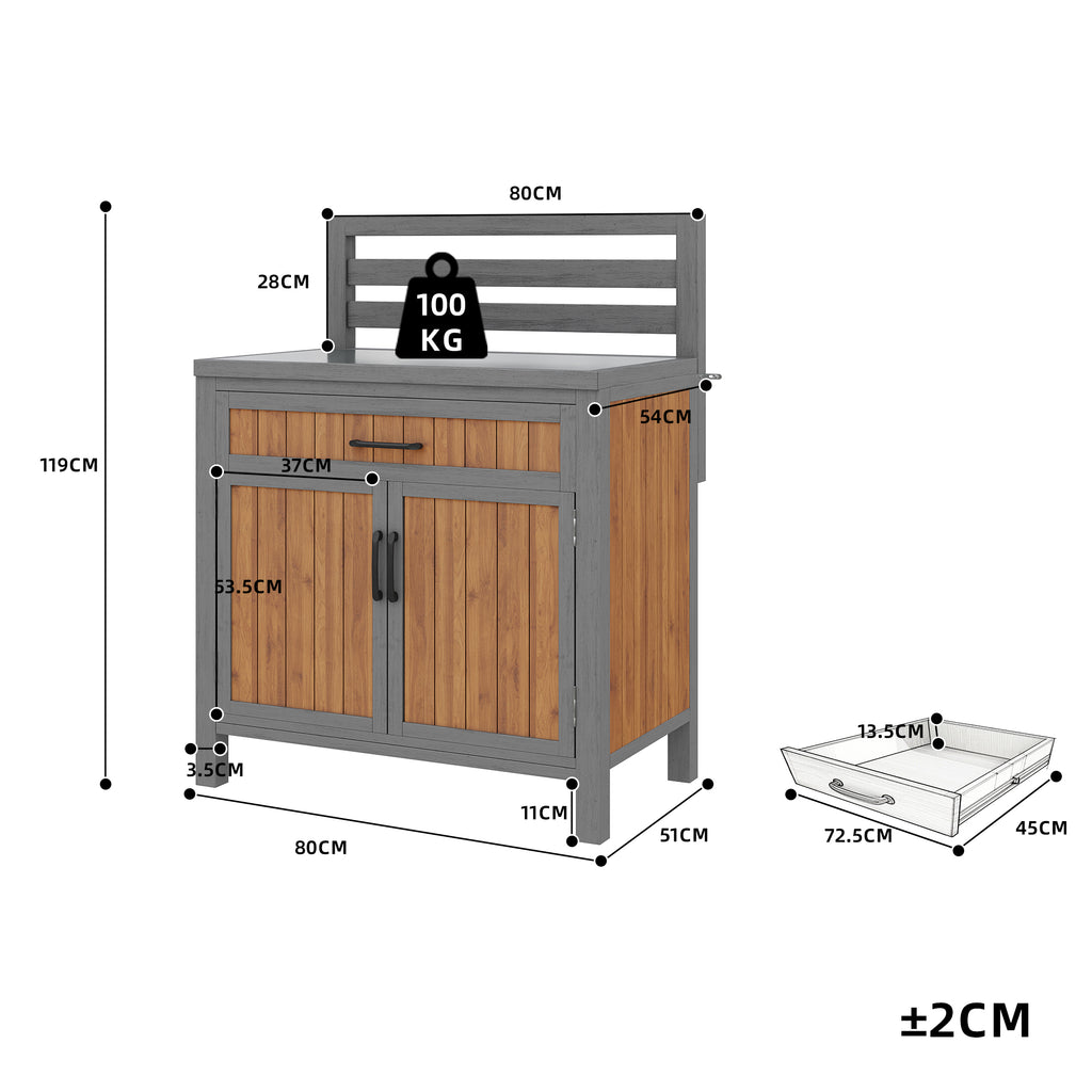 Wooden garden cabinet, weatherproof outdoor storage cabinet, outdoor cupboard with large work surface & drawer, grill station with adjustable shelves, weatherproof kitchen cabinet for patio, balcony