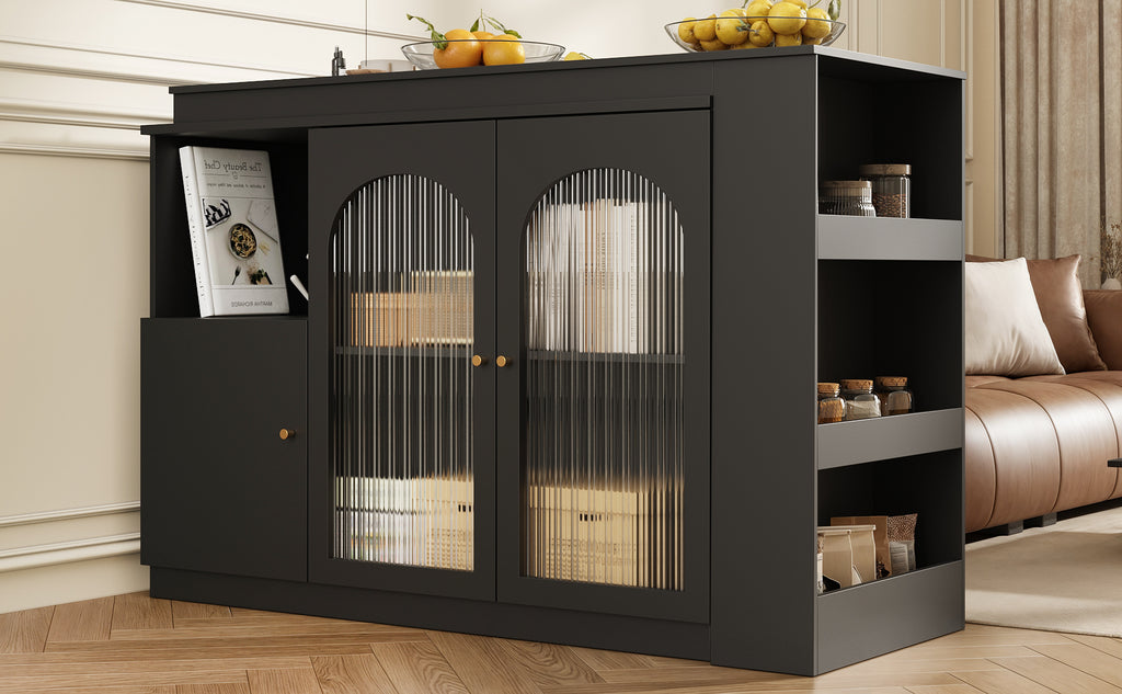 360° rotating bar table (main body 120 x 40 x 97 cm), modern and simple black rotating dining and bar cabinet, multifunctional storage cabinet with glass door