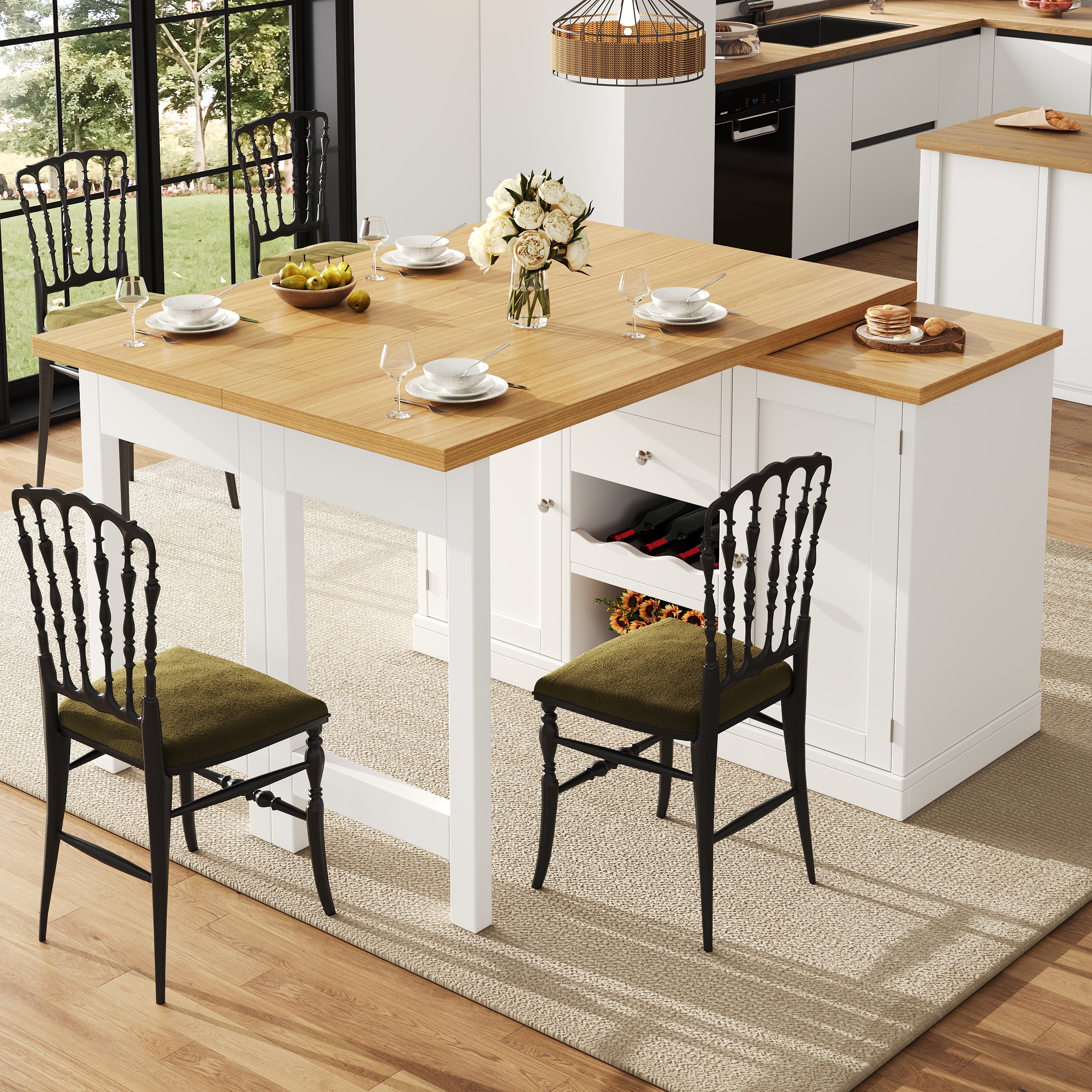 Extendable Sideboard & Dining Table Combo, 2 Drawers & Snack rack, Space-Saving Sideboard for Small Flats, White/Black
