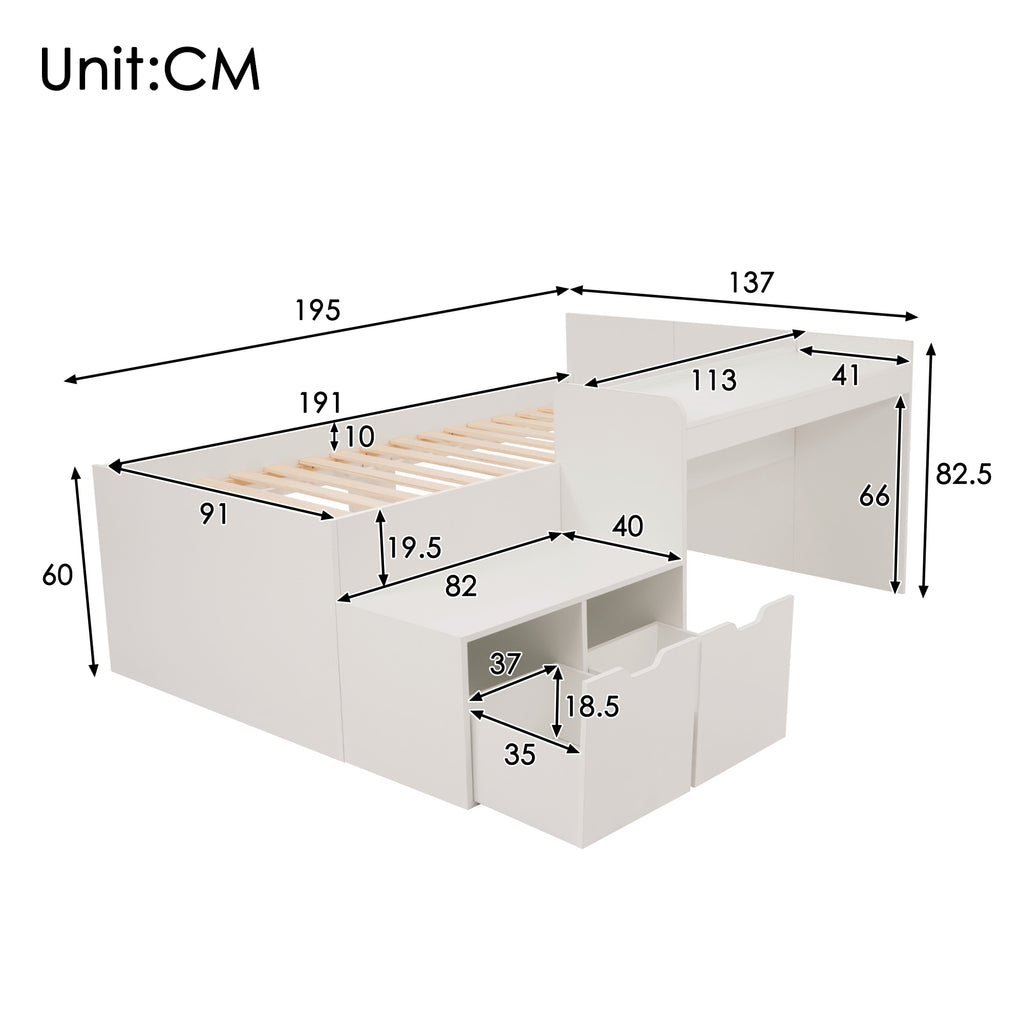 Kids Single Bed with Desk and Drawers, 90 x190 cm, White, 3ft Kids Wooden Bed with Storage, Single Bed with Slatted Frame, Lying Surface for Teenagers & Adults (No Mattress)