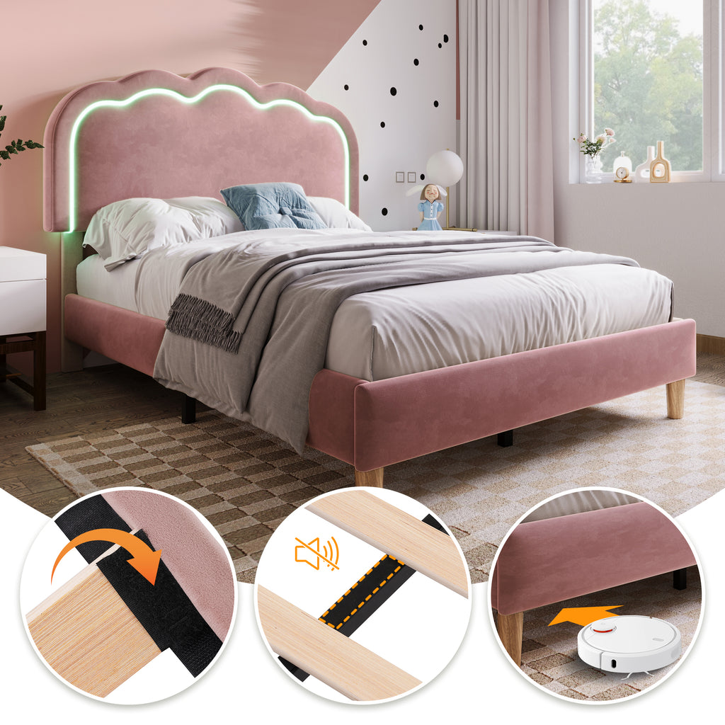 Upholstered Bed, 3ft 90x190cm Single Bed with LED, Bed Frame with Wooden Slats and Adjustable Height Headboard, Teen Bed for Bedroom and Guest Room, Pink, Velvet Material, Without Mattress.