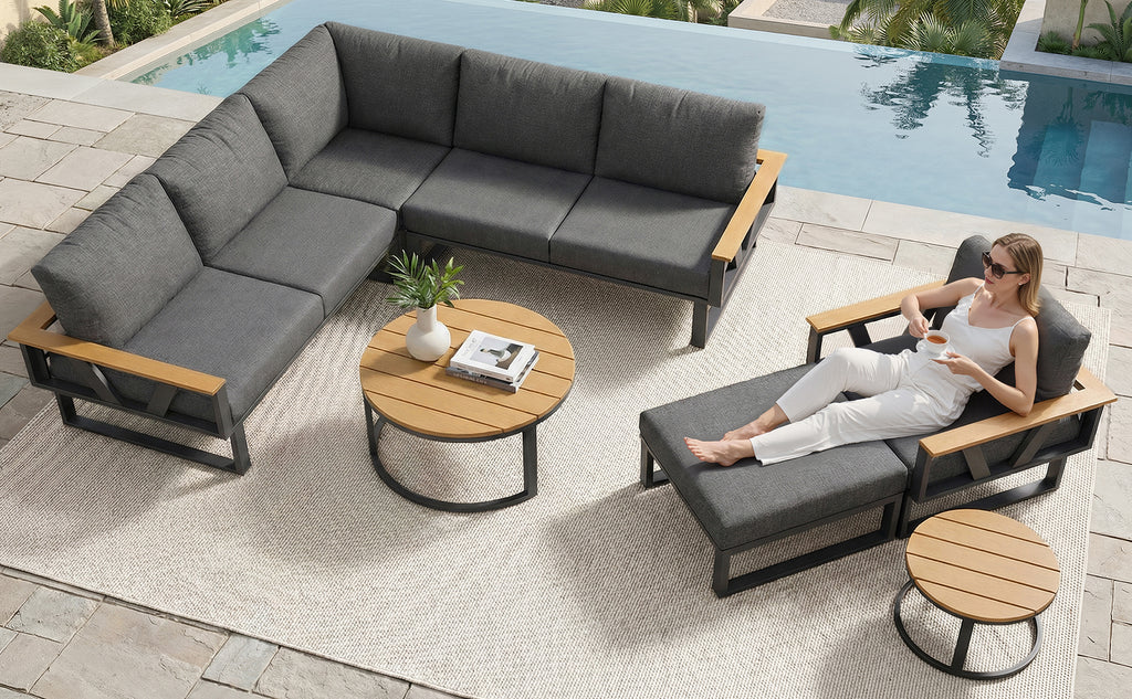 Modular Outdoor Sofa Set with Nesting Tables, Sturdy Metal Frame, Washable Cushions, for Patio & Garden
