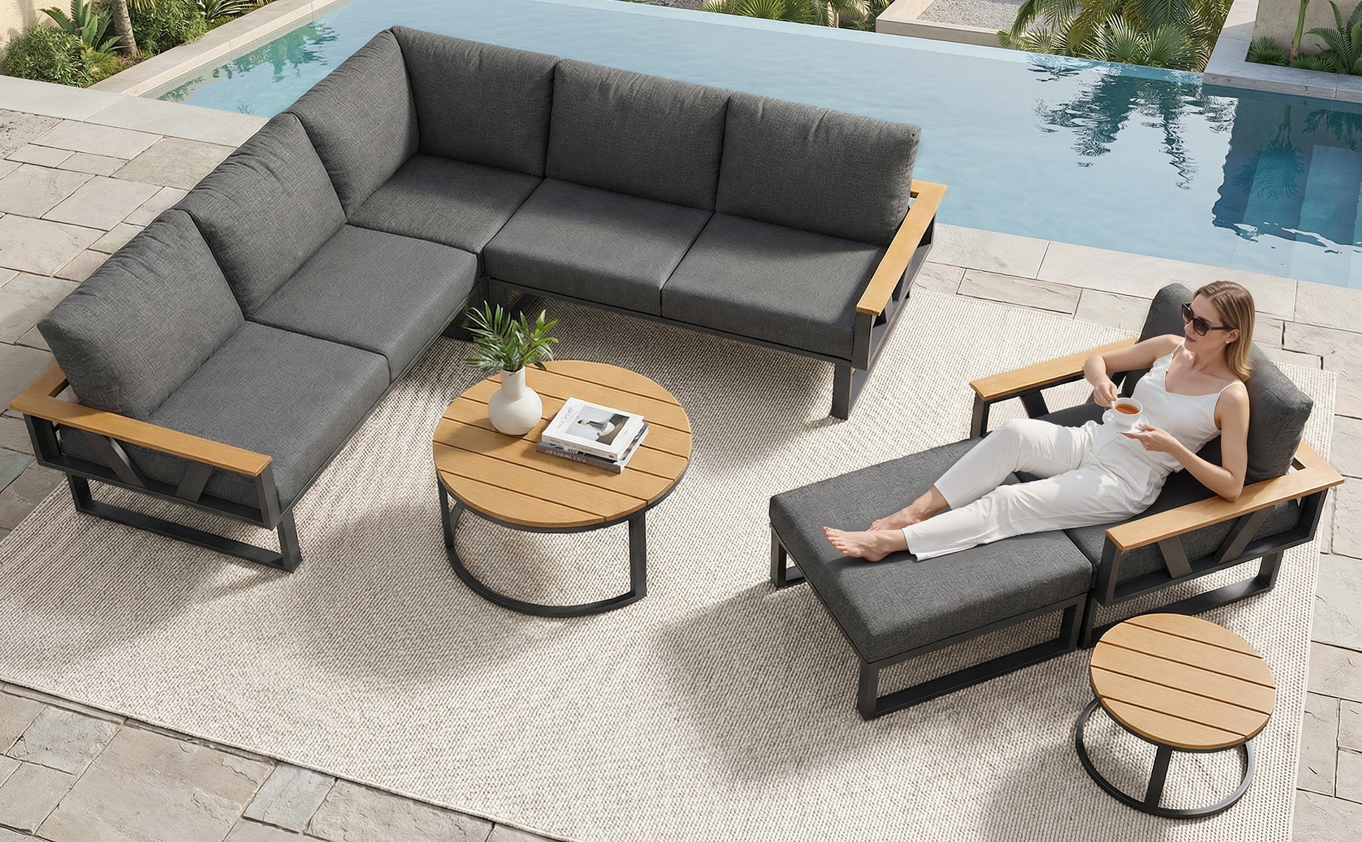 Modular Outdoor Sofa Set with Nesting Tables, Sturdy Metal Frame, Washable Cushions, for Patio & Garden