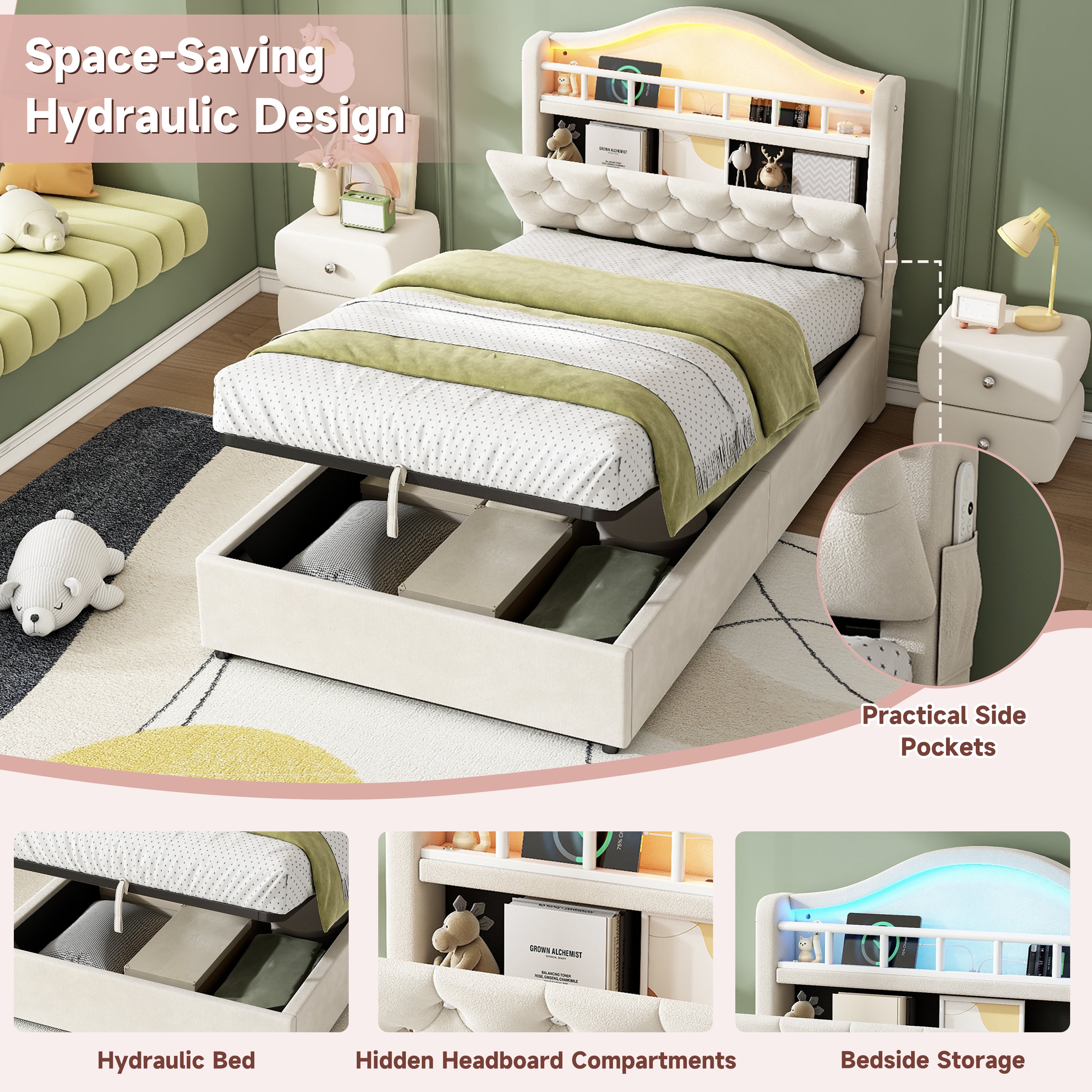 3ft Single Hydraulic Bed in Velvet, LED Bed Frame with Charging Station & Diamond Tufted Headboard, Multi-zone Storage, Solid & Stable Base,Beige (No Mattress)