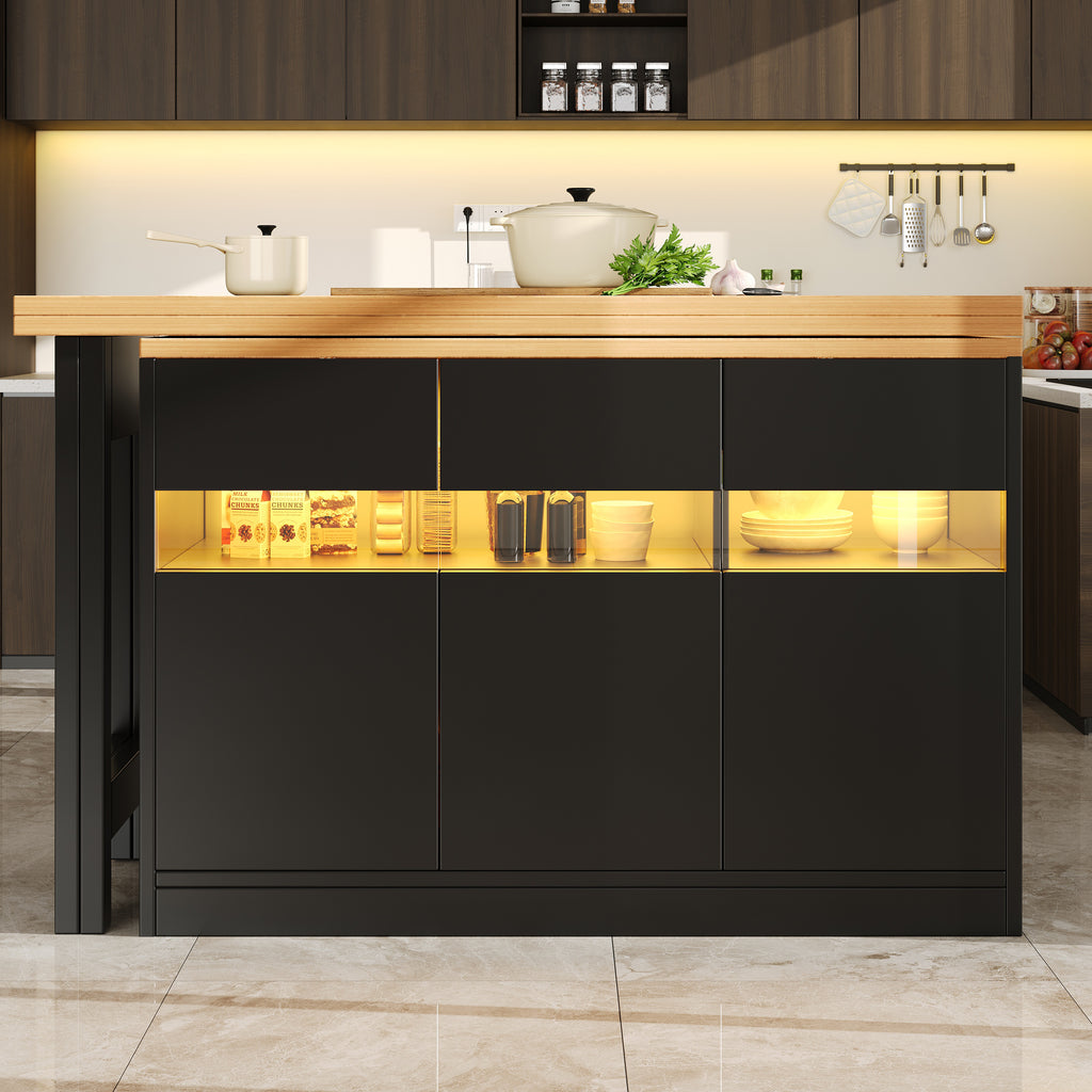 Extendable bar table with LED lighting and 360° swivel function, adjustable length 120-180 cm, modern kitchen island table with storage space, for living room, dining room, home office