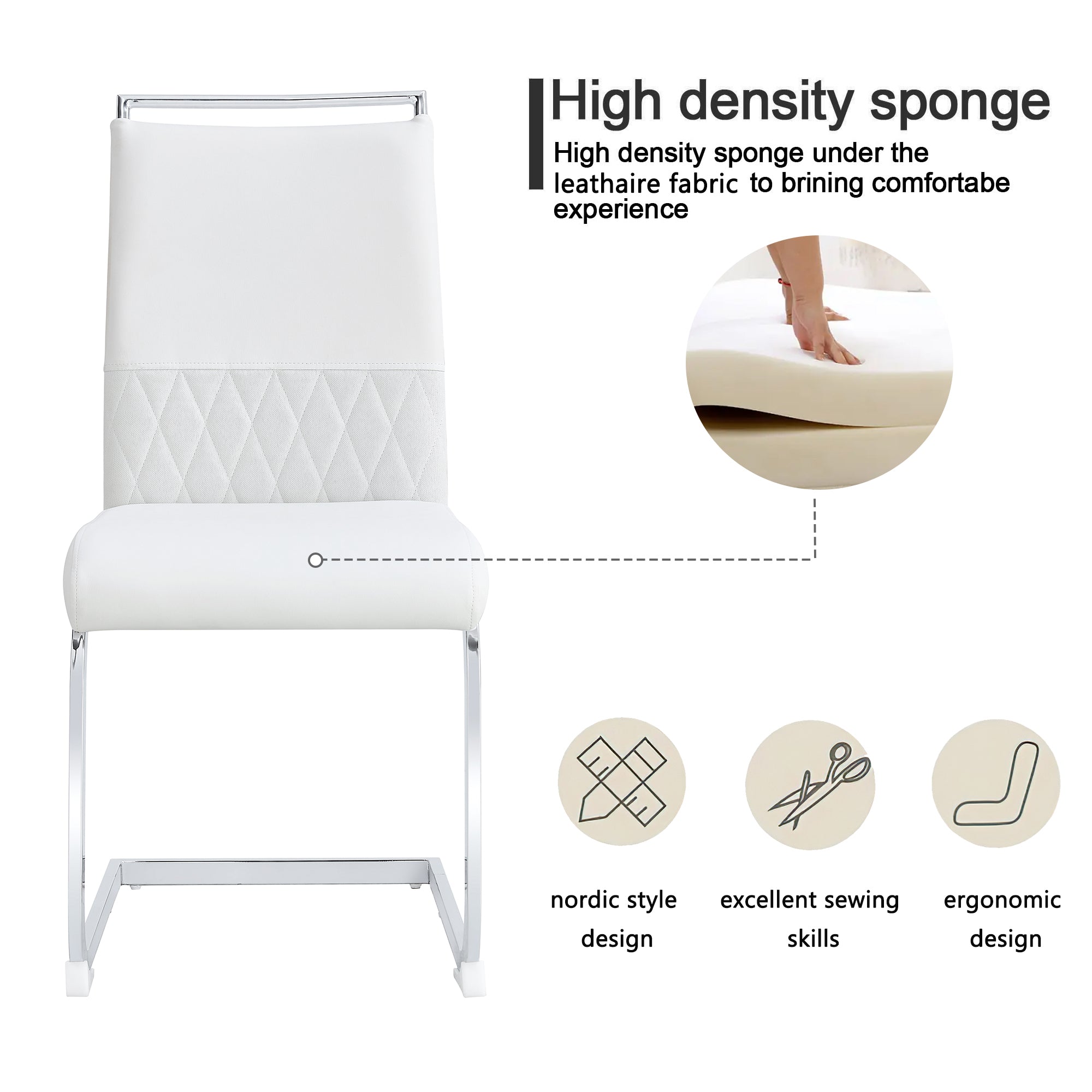 Modern dining chairs set of 2, backrest made of PU faux leather and linen, high back padded side chair, horizontal stripes backrest design for dining room, kitchen, guest office chair, white