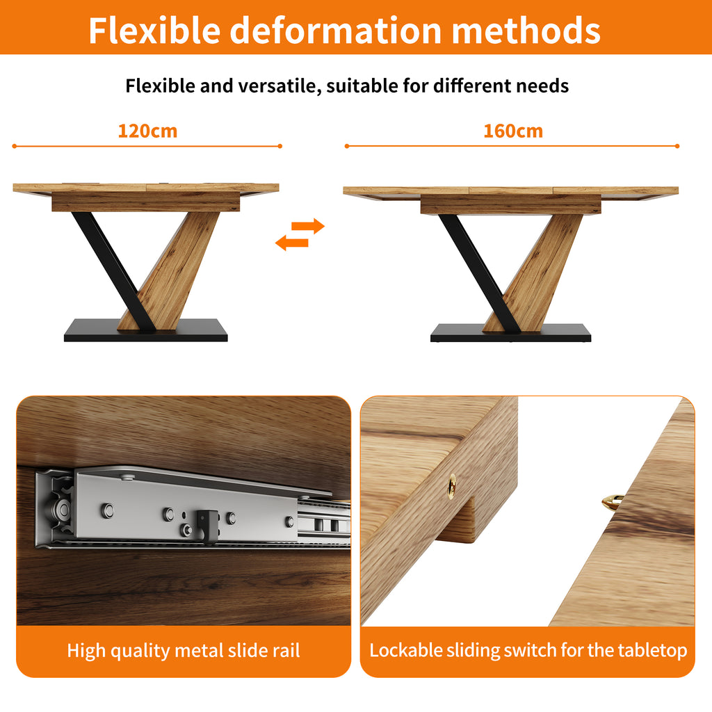 Extendable dining table (120–160 x 75 x 75.5 cm), table, kitchen table, extendable table, extends to 160 cm, suitable for kitchen and living room, tabletop with wood grain finish