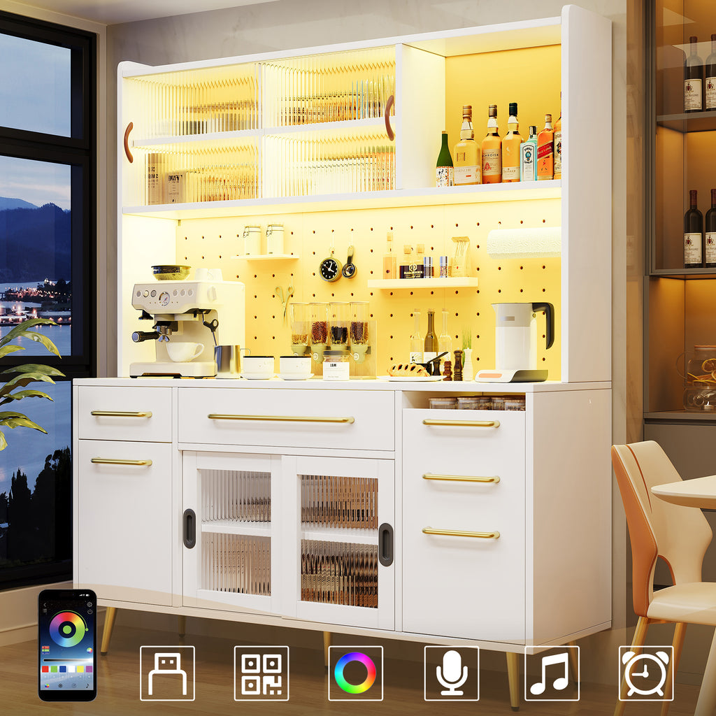 Modern sideboard with LED lighting, tall cabinet for kitchen and living room, storage cabinet with perforated wall, drawer and glass shelves, white