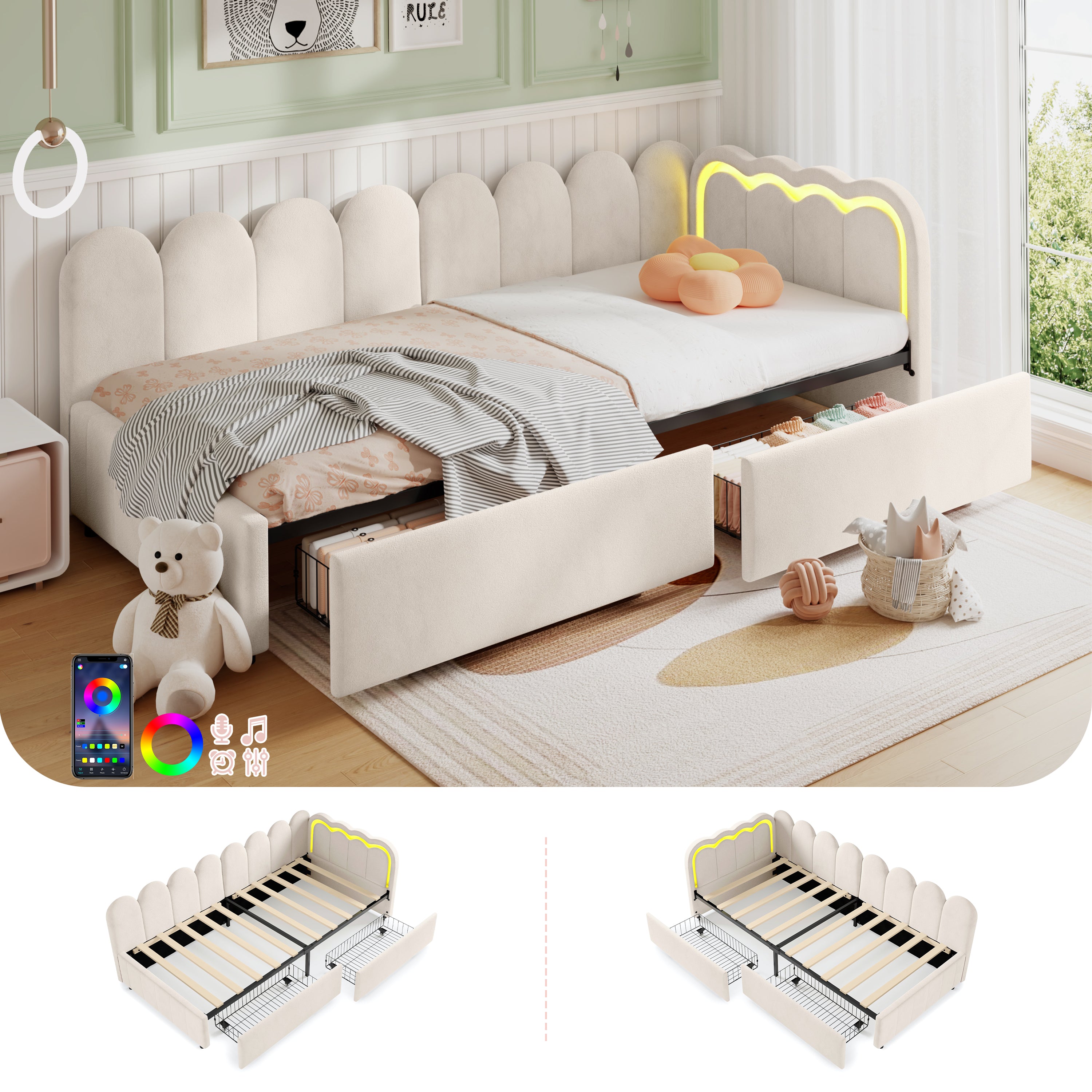 3ft Single Daybed with Smart RGB LED Lights and 2 Storage Drawers, Modern Velvet Youth Bed with Scalloped Backrest and Wooden Slats, Reversible Side Panel, Easy Assembly, Beige (No Mattress)