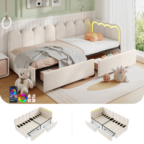 3ft Single Daybed with Smart RGB LED Lights and 2 Storage Drawers, Modern Velvet Youth Bed with Scalloped Backrest and Wooden Slats, Reversible Side Panel, Easy Assembly, Beige (No Mattress)
