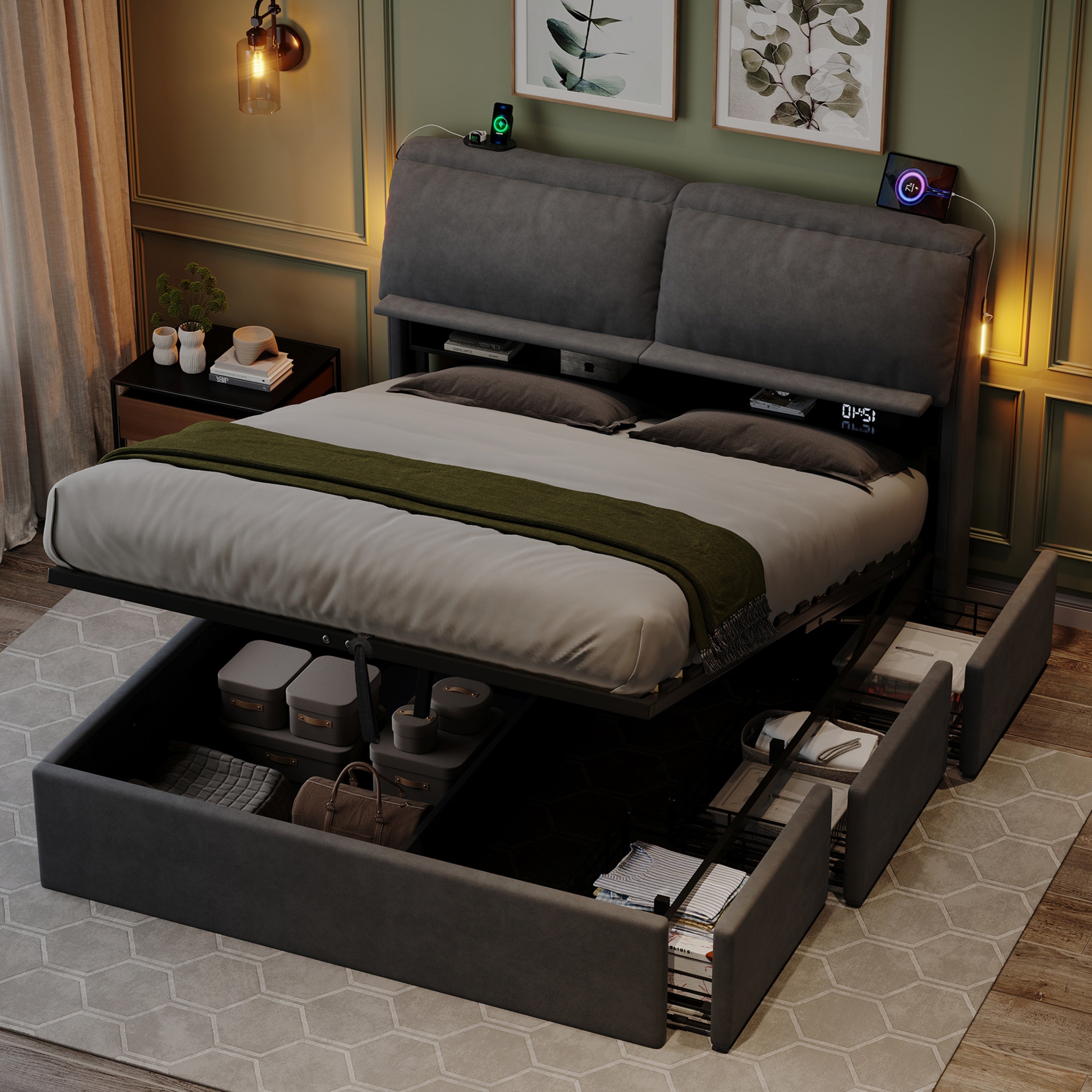 5ft King Bed with Hydraulic Storage, Velvet Upholstered Bed with Headboard Flip-top Storage and Drawers, Back Cushion Headboard with Charging Station and LED Night Light, Grey (No Mattress)