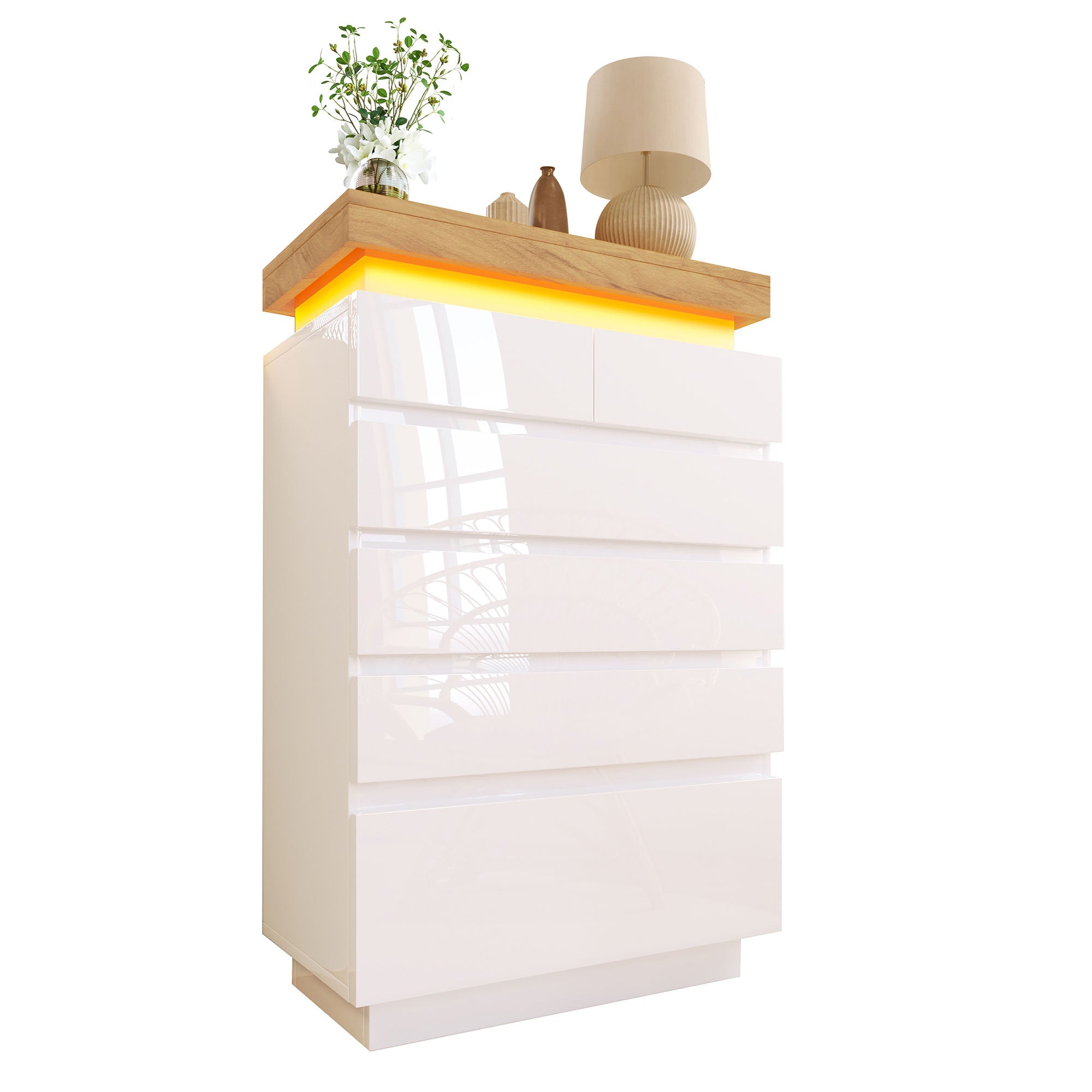 Chest of Drawers,High-gloss Sideboard Cabinet with 6 Drawers,Storage with RGB LED(App-controlled),Multi-purpose Cabinet for Living Room and Bedroom, 115 x 73 x 39 cm, White