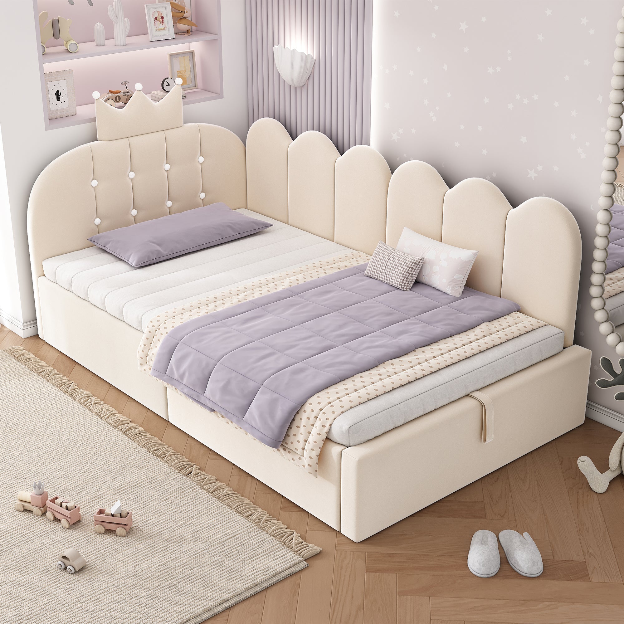 Upholstered Daybed with Hydraulic Storage, 3FT Single Sofa Bed 90 x 190 cm, Crown-shaped Bed Guest Beds for Adults & Children, Velvet, Beige (No Mattress)