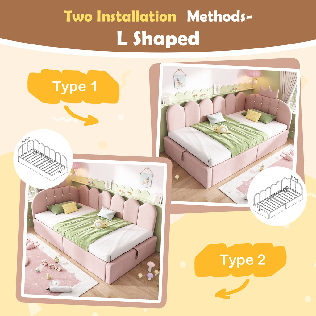 Upholstered Daybed with Hydraulic Storage, 3FT Single Sofa Bed 90 x 190 cm, Crown-shaped Bed Guest Beds for Adults & Children, Velvet, Pink (No Mattress)
