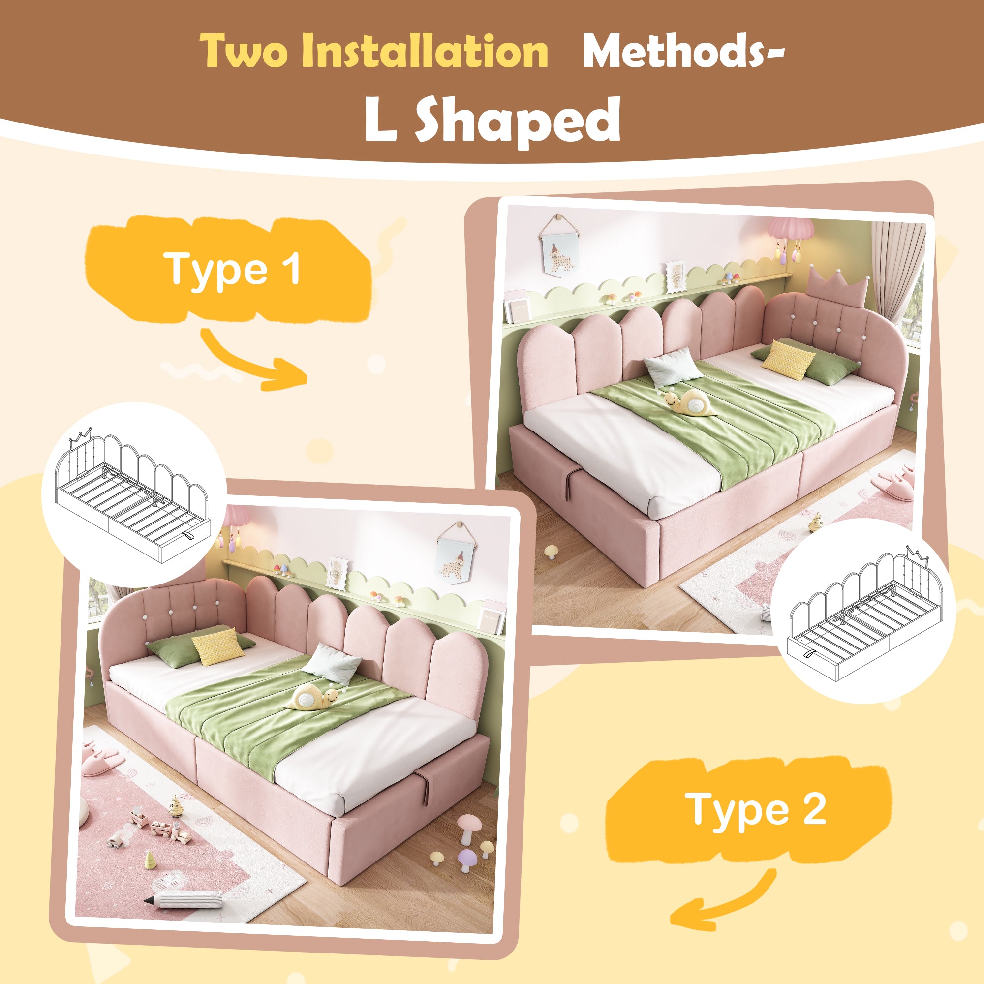 Upholstered Daybed with Hydraulic Storage, 3FT Single Sofa Bed 90 x 190 cm, Crown-shaped Bed Guest Beds for Adults & Children, Velvet, Pink (No Mattress)