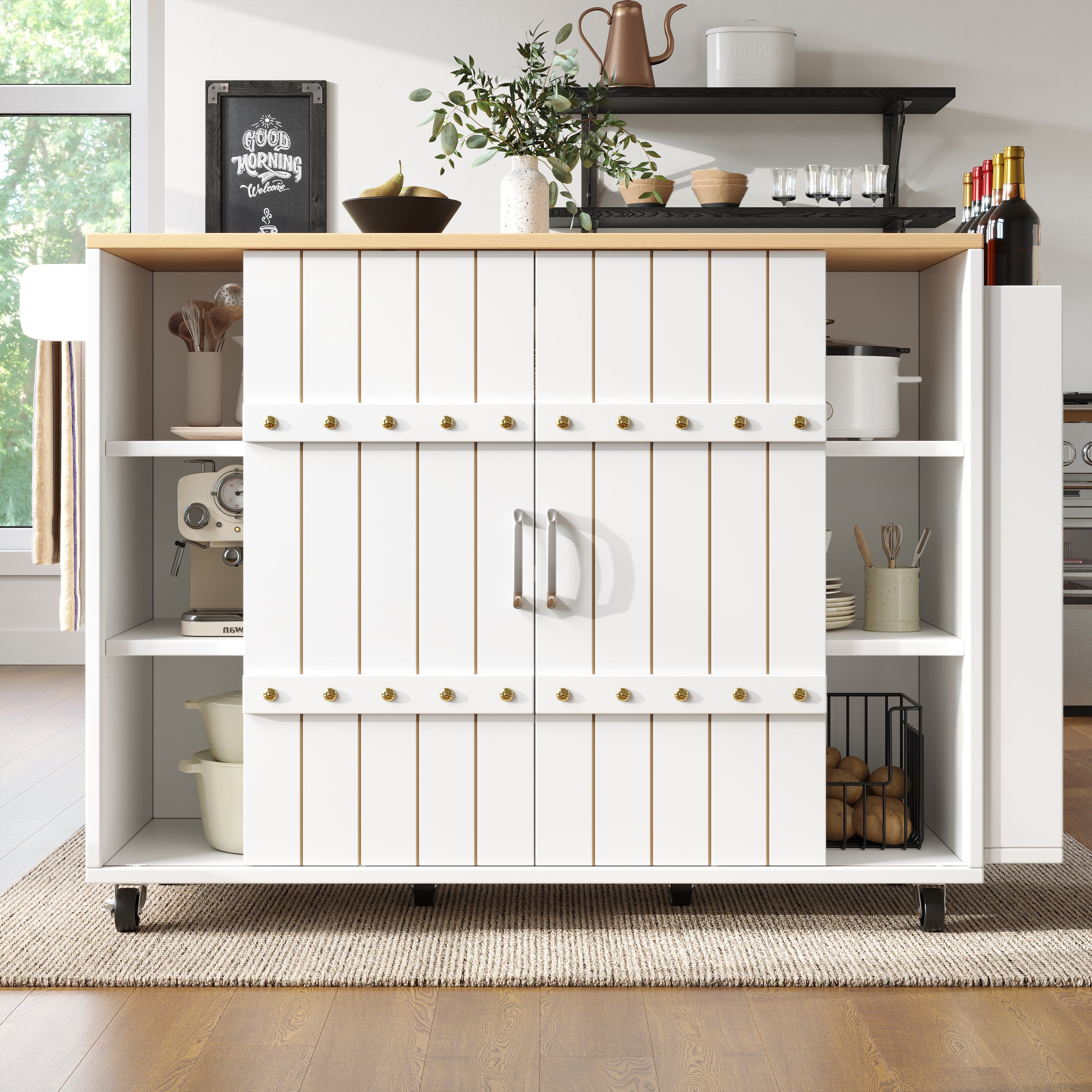 Kitchen cabinet, serving trolley with wood grain finish, kitchen trolley with castors and worktop, with spice rack and towel rail, kitchen island with sliding doors and drawers, white