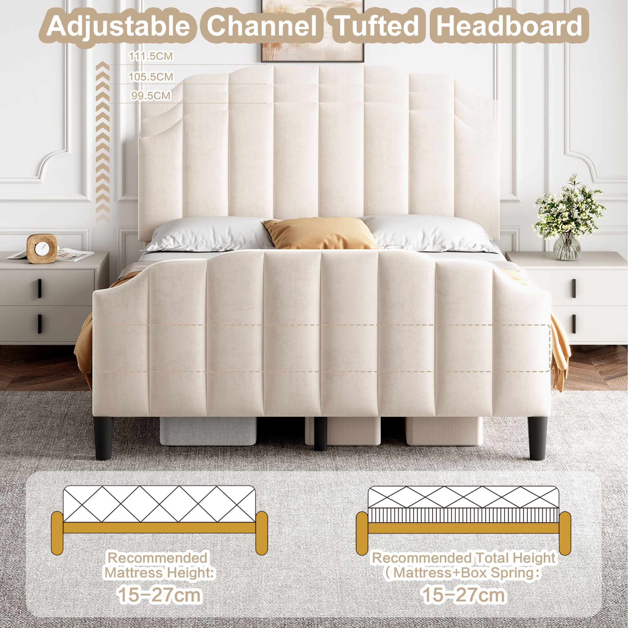 4ft6 Double Upholstered Bed Frame with Adjustable Chic Channel-Tufted Headboard, Velvet Platform Bed Frame with Solid Wood Slat and Mute Foam, No Box Spring Needed, Easy Assembly, Beige (No Mattress)