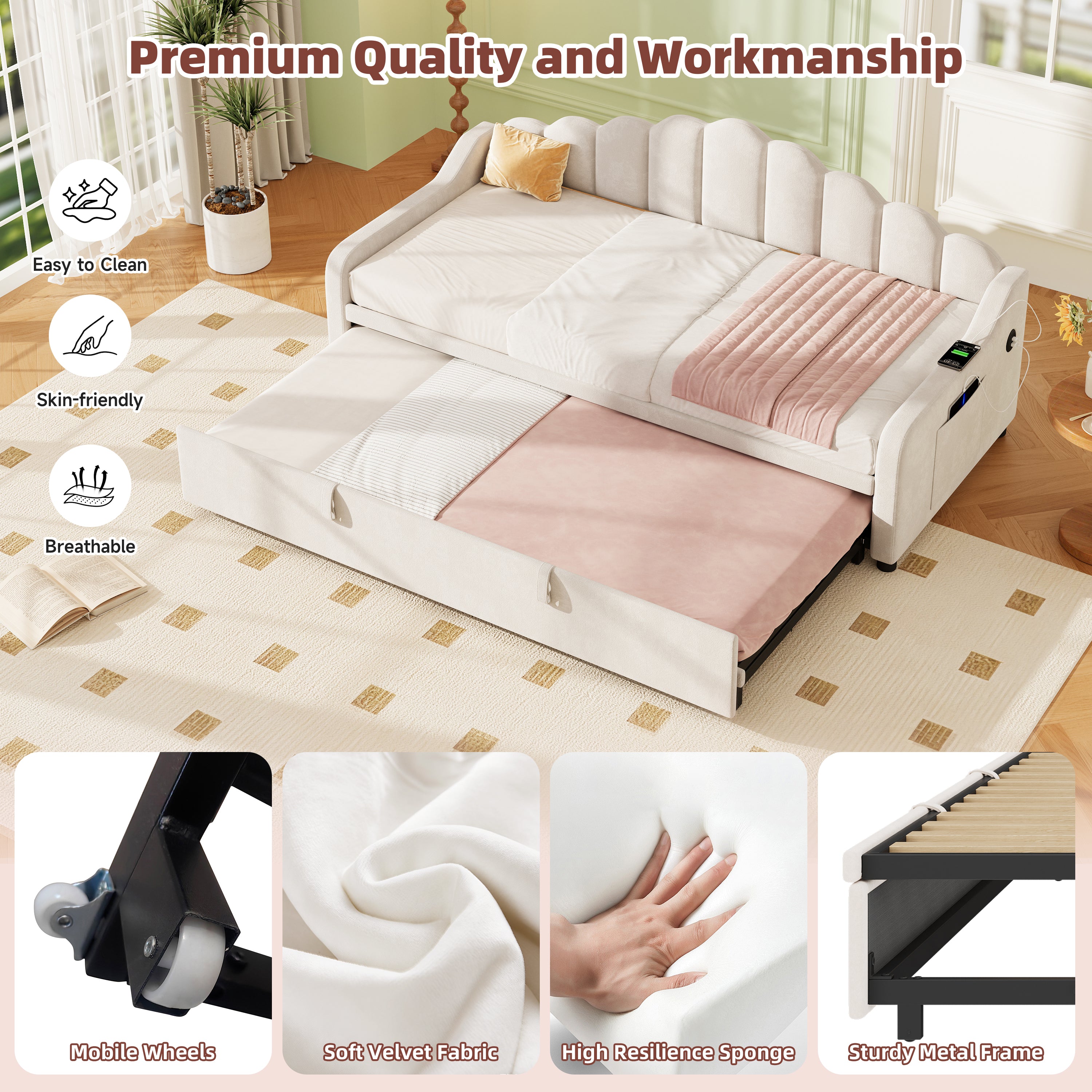 3ft Single Daybed with Pull-out Trundle, Velvet Upholstered Sofa Bed with Side Charging Station & Storage Pockets, Chic Fluted Scalloped Backrest, Beige (No Mattress)