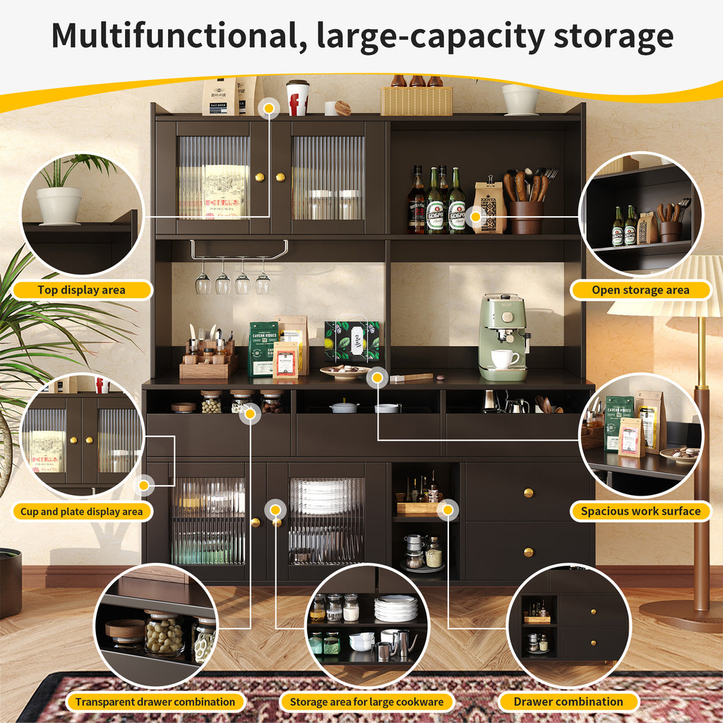 Multi-purpose Storage Cabinet(145 x 39 x 171 cm), Modern design, with Changhong glass door, Wine glass holder, Multi-layered storage space, Black with gold decoration, Suitable for home and restaurant