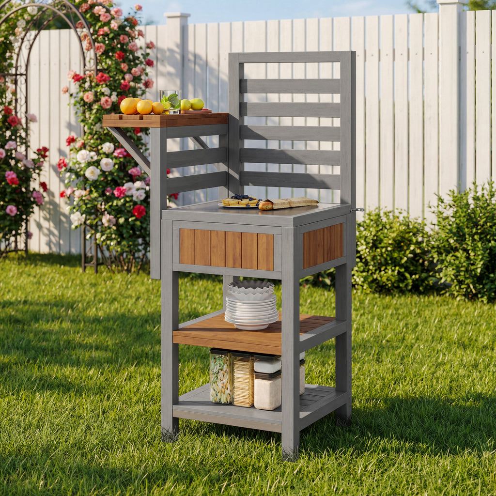Outdoor wooden garden cabinet, weatherproof – tool shed with large stainless steel work surface and double shelf, grill station with additional storage space, weatherproof kitchen cabinet
