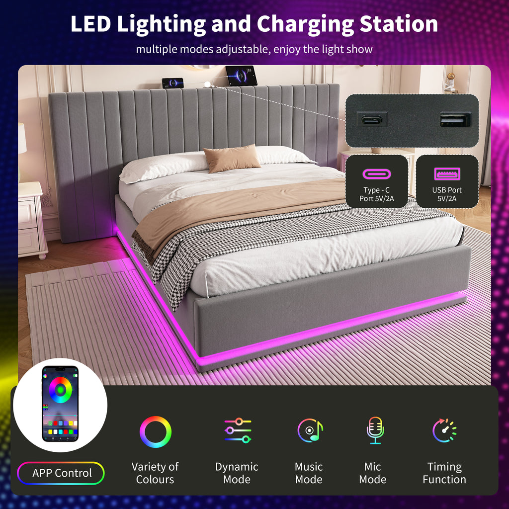 King Ottoman Bed with LED Lighting, Velvet Hydraulic Storage Bed with Charging Station, 5ft King Bed Frame Channel Tufted with Wide Headboard, USB and Type - C Ports, Grey (No Mattress)