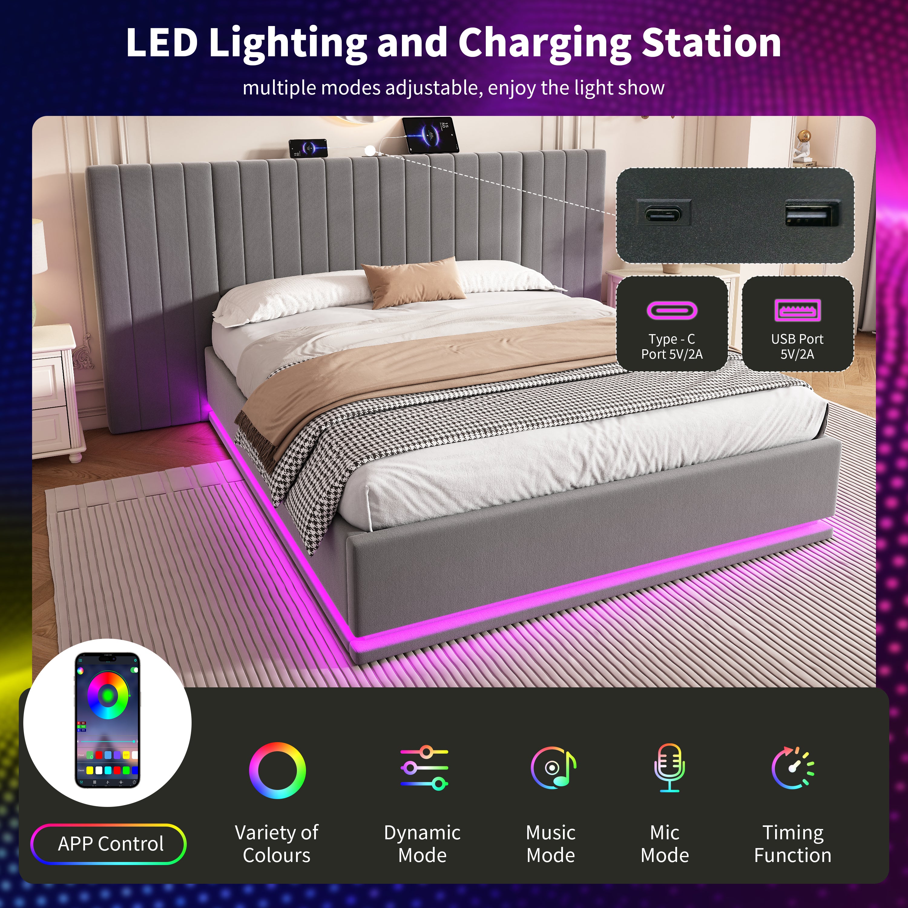 King Ottoman Bed with LED Lighting, Velvet Hydraulic Storage Bed with Charging Station, 5ft King Bed Frame Channel Tufted with Wide Headboard, USB and Type - C Ports, Grey (No Mattress)
