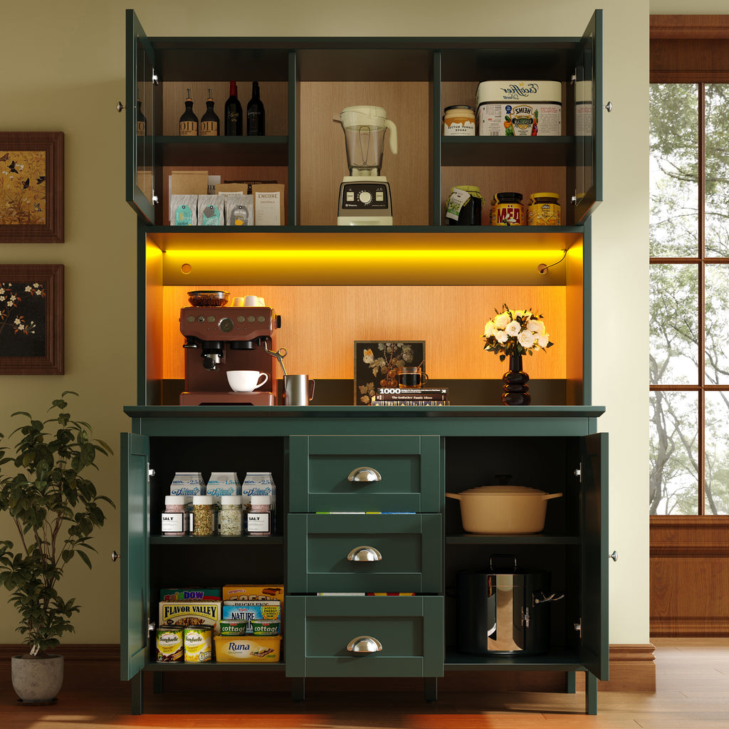 Sideboard, Storage Cabinet, Kitchen Cabinet, Tall Sideboard with LED Lighting, 120x40x179 cm, 4 Doors & 3 Drawers, Black/Green